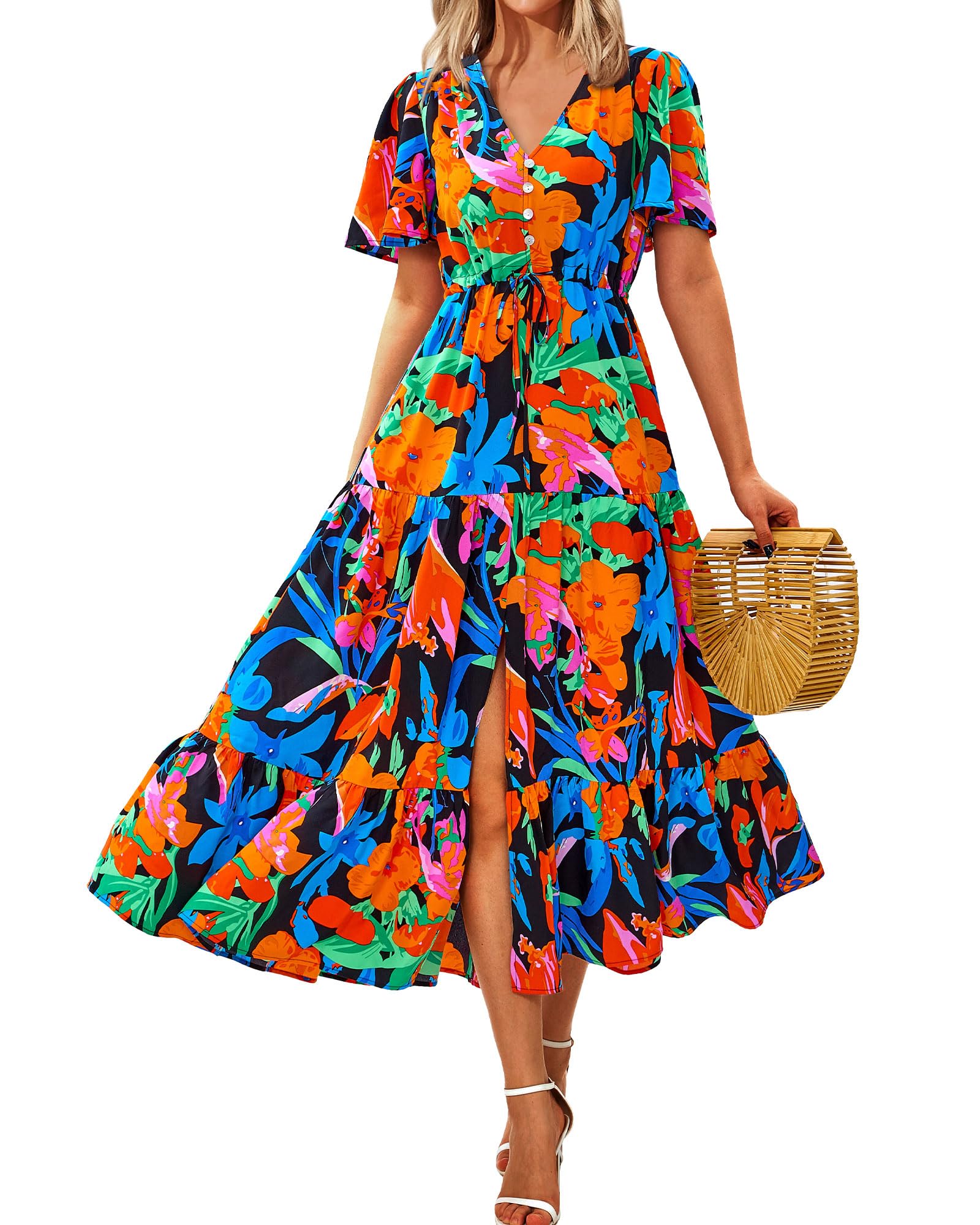 Zenlonr Women's Summer Maxi Dress 2025 - Casual Short Sleeve V-Neck Split Beach Dress with Button & Drawstring | Perfect for Vacation, Pool Party & Boho Outfit