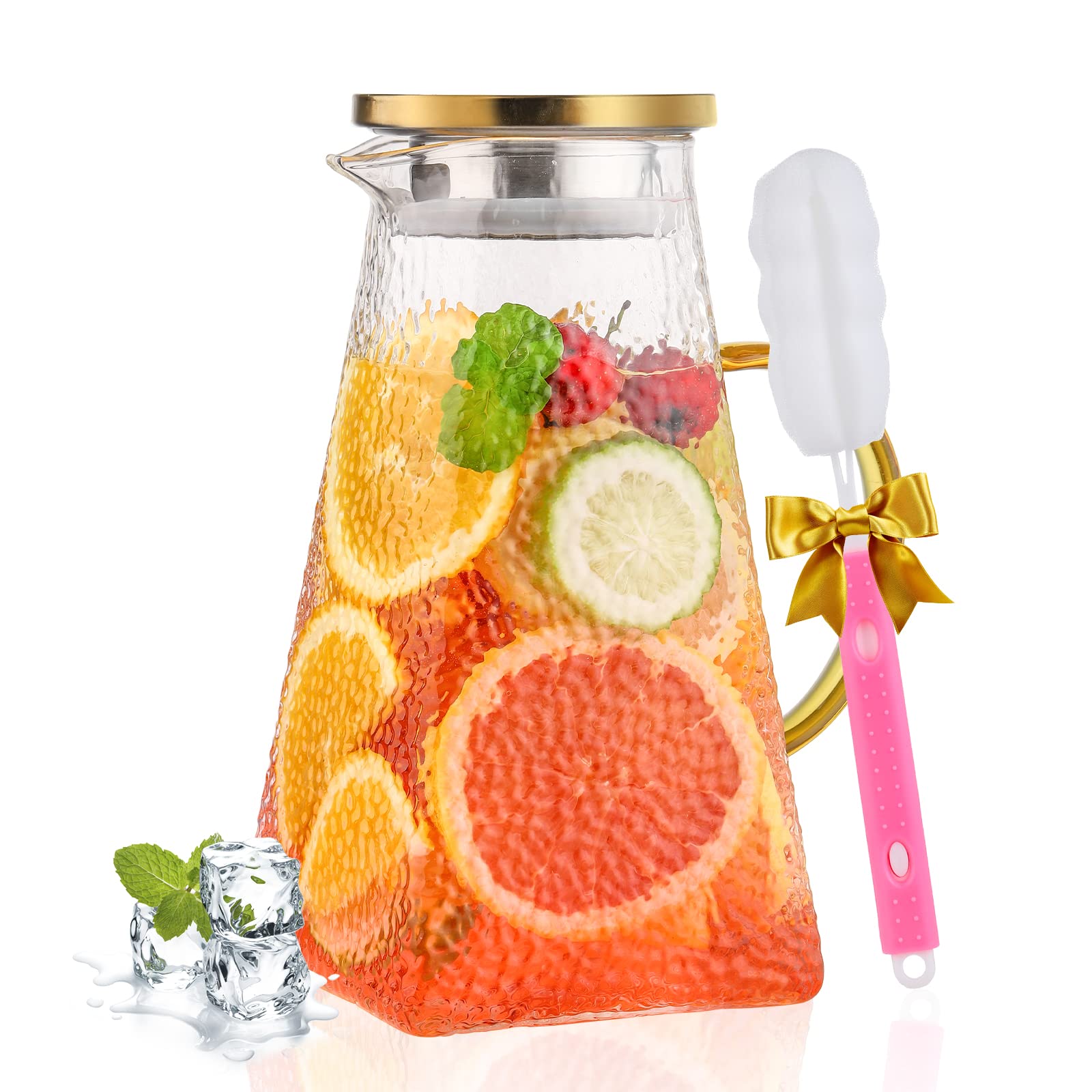 BINCOO 1.5L Glass Pitcher with Lid & Brush - for Juice, Tea, Coffee, Wine - Perfect for Home & Parties