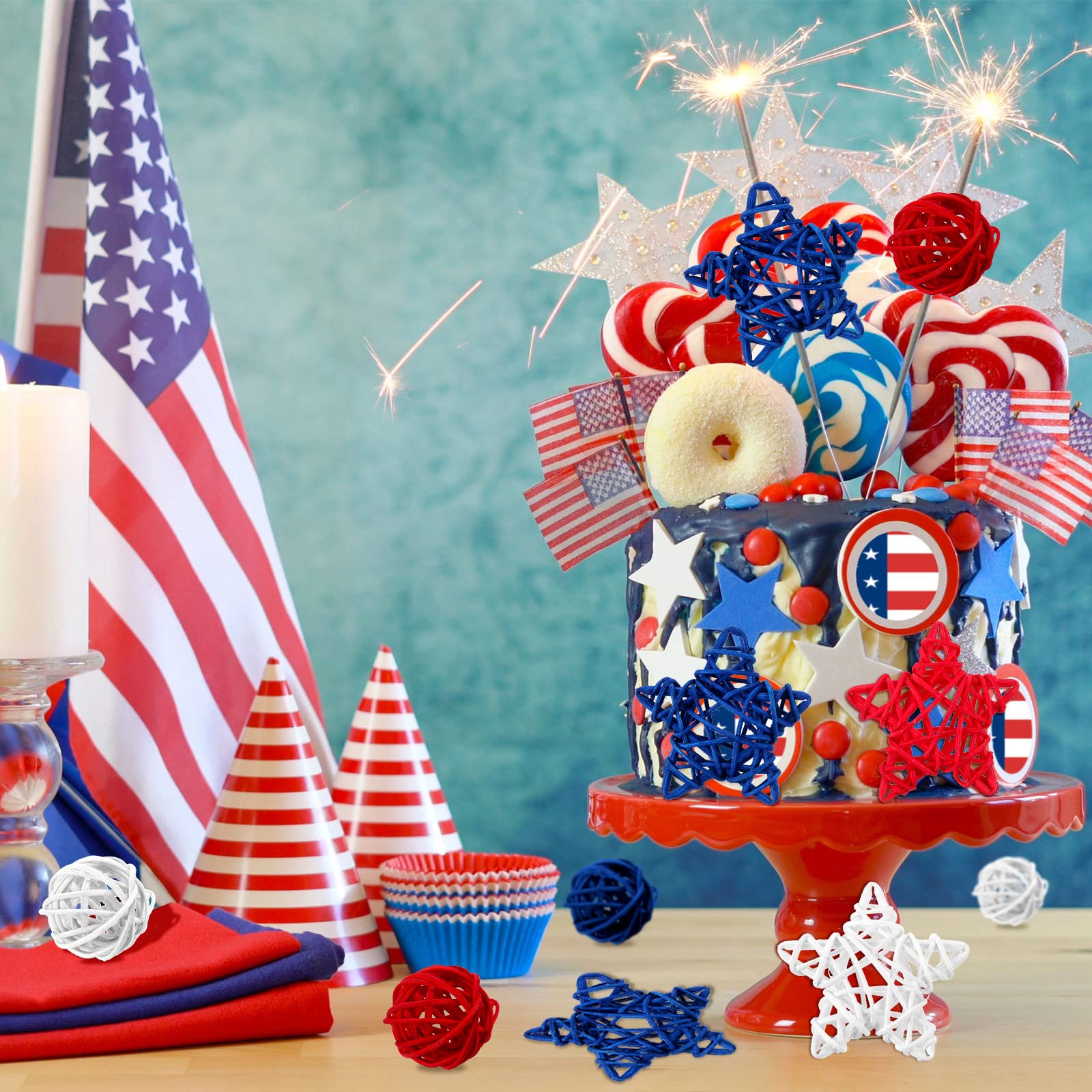 Yulejo 36-Piece Patriotic Vase Filler Set - 4th of July & Memorial Day Decorations, Natural Rattan Decorative Balls for Bowls (Round & Star Shapes) - Perfect for Independence Day Parties, Home Decor, and Patriotic Celebrations