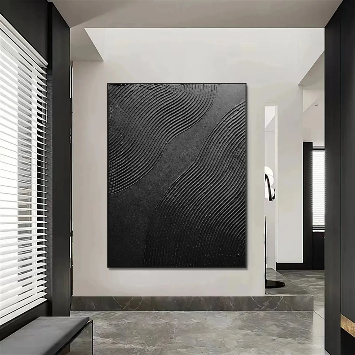 Black Minimalist Textured Painting Canvas #MZ103 - Modern Abstract Wall Art for Living Room, Bedroom & Office Decor