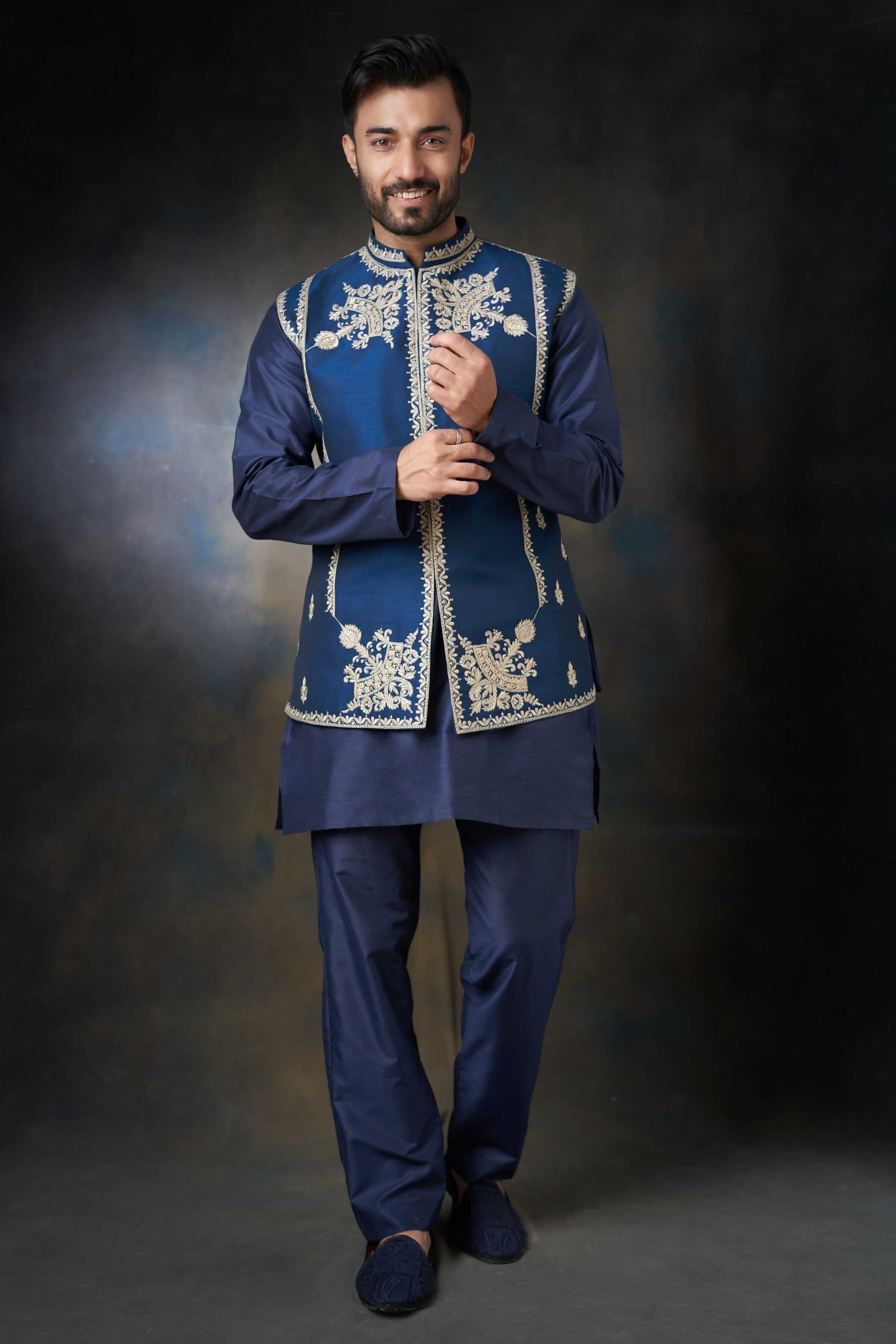 Handmade Dark Azure Blue Embroidered Waistcoat for Men | Vintage Formal Vest for Weddings & Special Occasions | Premium Cotton Waistcoat for Grooms & Gala Events