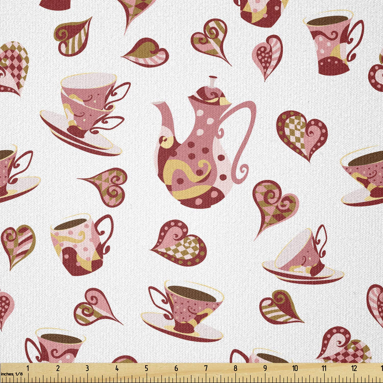 Lunarable Tea Party Fabric by The Yard - Vibrant Teacup & Teapot Heart Doodle Design Stretch Knit Material for DIY Clothing, Sewing & Craft Projects (10 Yards, Pale Pink/Red) - Perfect for Tea-Themed Dresses, Aprons, Home Decor & DIY Invitations