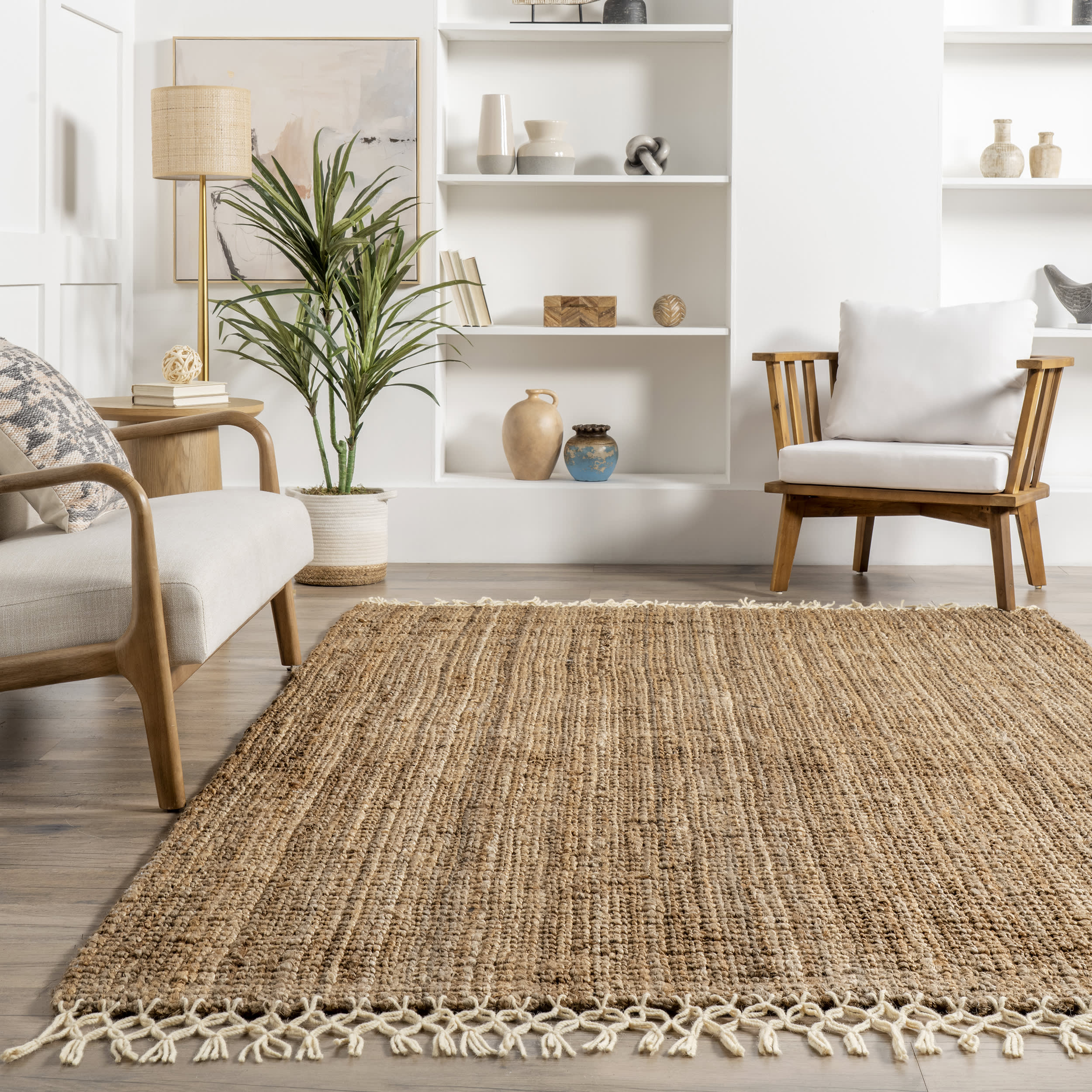 Hand Woven Jute with Wool Fringe Rug - Natural Fiber Bohemian Area Rug for Living Room, Bedroom & Home Decor