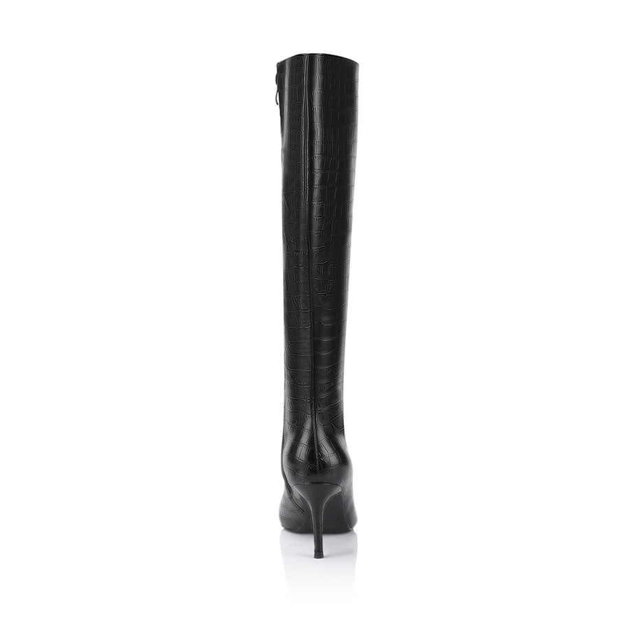 Bessie Women's Black Crocodile Print Tall Boots - Stylish Knee-High Boots for Winter, Fall & Casual Outfits