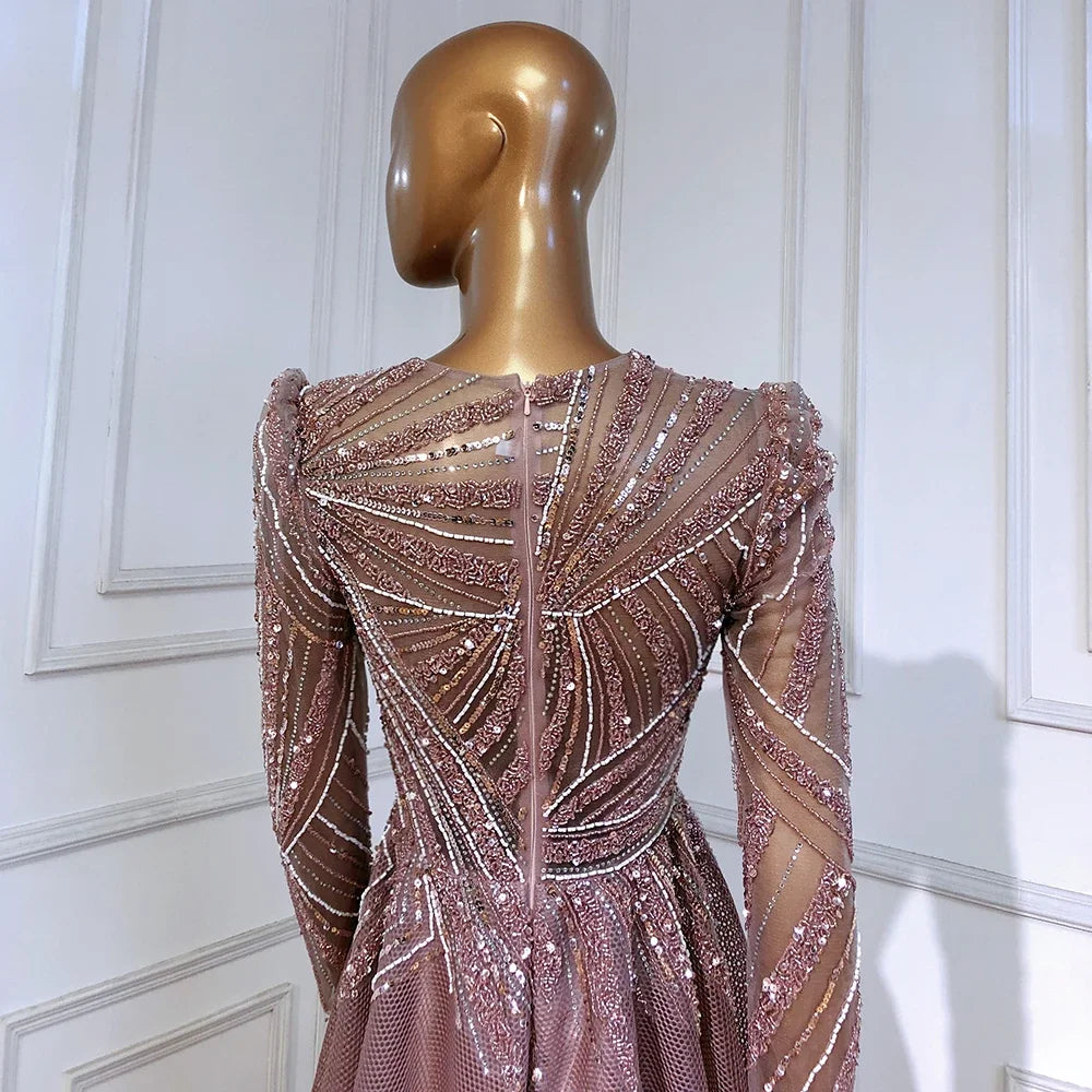 Serene Hill Muslim Pink A-Line Beaded Luxury Evening Dress Gown for Women - Wedding, Party, Prom, Formal Events - Elegant Long Sleeve Floor-Length Dress LA71290A