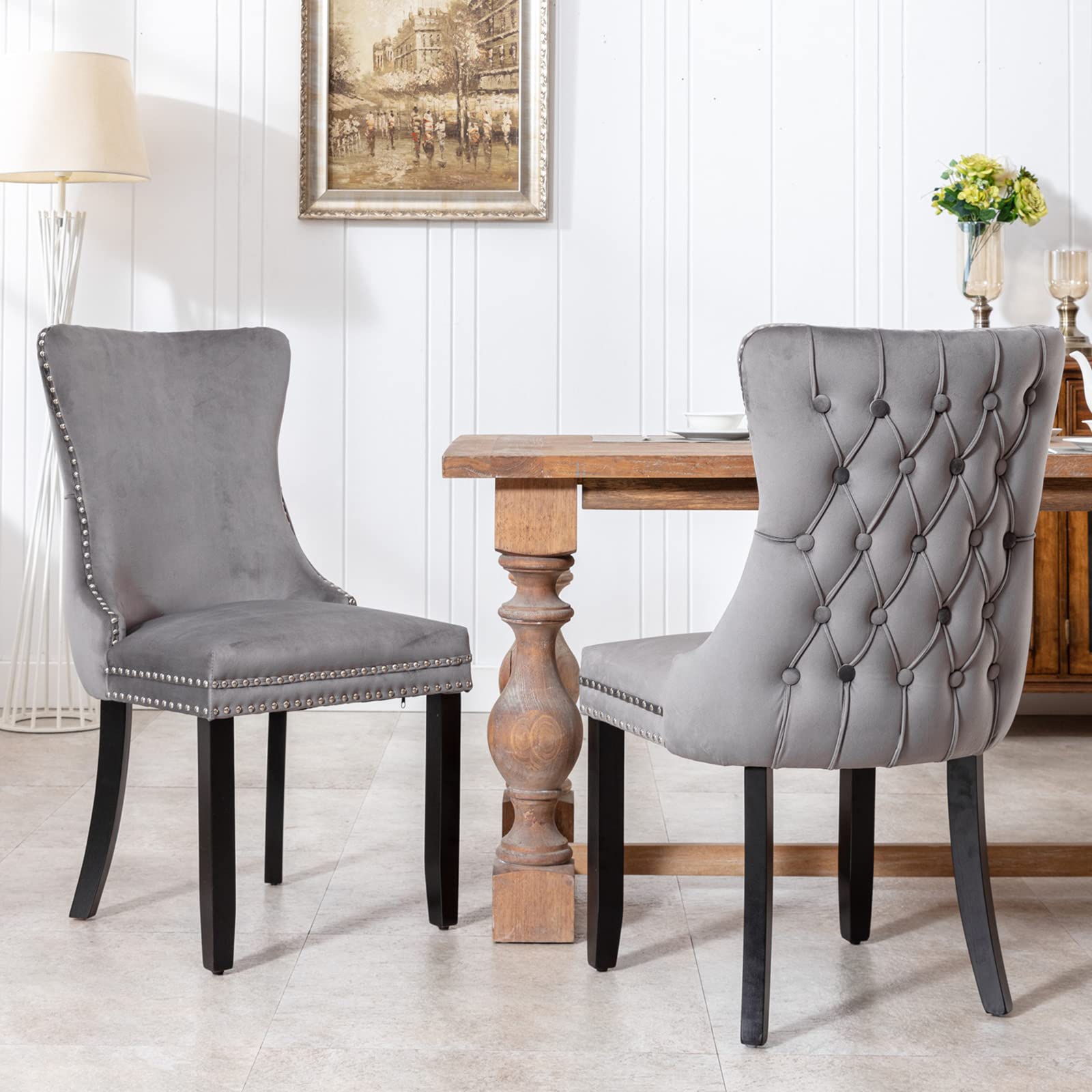 Set of 2 Velvet Upholstered Dining Chairs - Modern Tufted Wingback Kitchen Chairs with Nailhead Trim, Comfortable Accent Side Chairs for Dining Room, Bedroom or Office (Gray) - Perfect for Home Decor, Entertaining Guests and Small Spaces