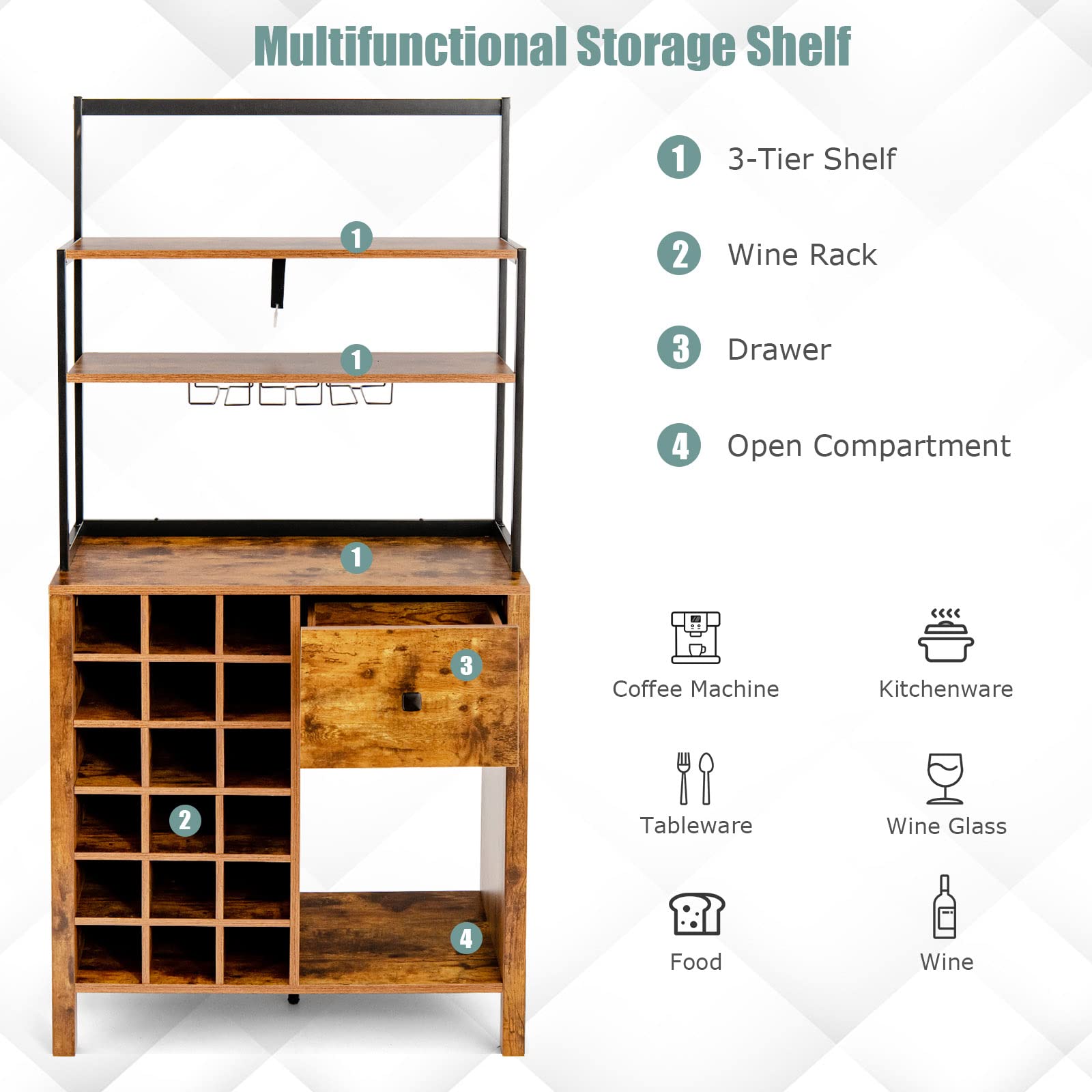 Giantex 18-Bottle Wine Cabinet & Buffet Hutch with Storage Drawer - Wooden Sideboard Wine Rack, Metal Spice Bakers Rack with Glass Holder - Kitchen Microwave Stand for Living Room & Dining Room (Rustic Brown) | Perfect for Wine Storage, Kitchen Organization & Home Decor