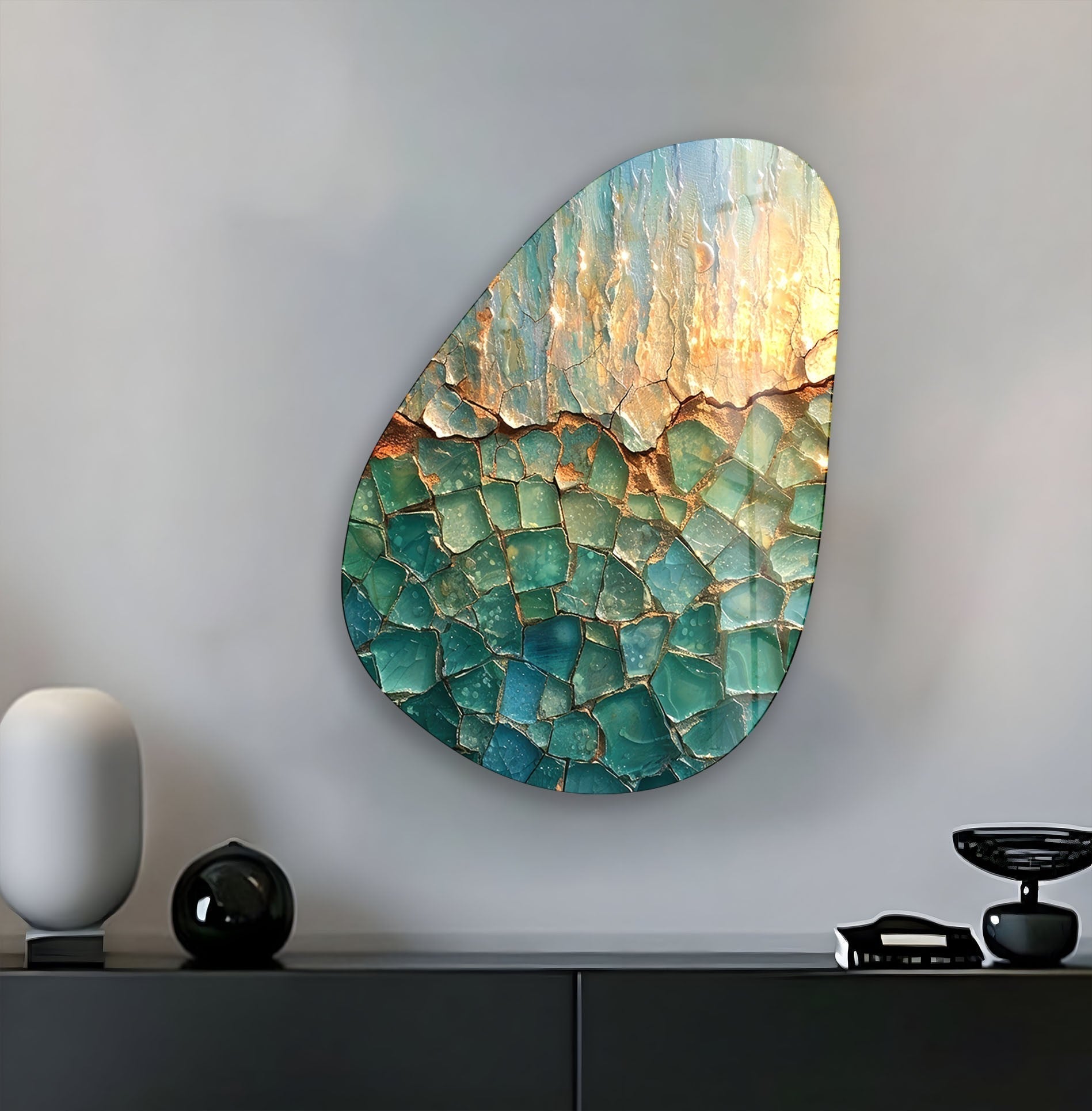 Asymmetrical Oval Green Cracked Glass Wall Art - Modern Abstract Home Decor for Living Room, Bedroom & Office - Handmade Glass Wall Sculpture for Unique Interior Design