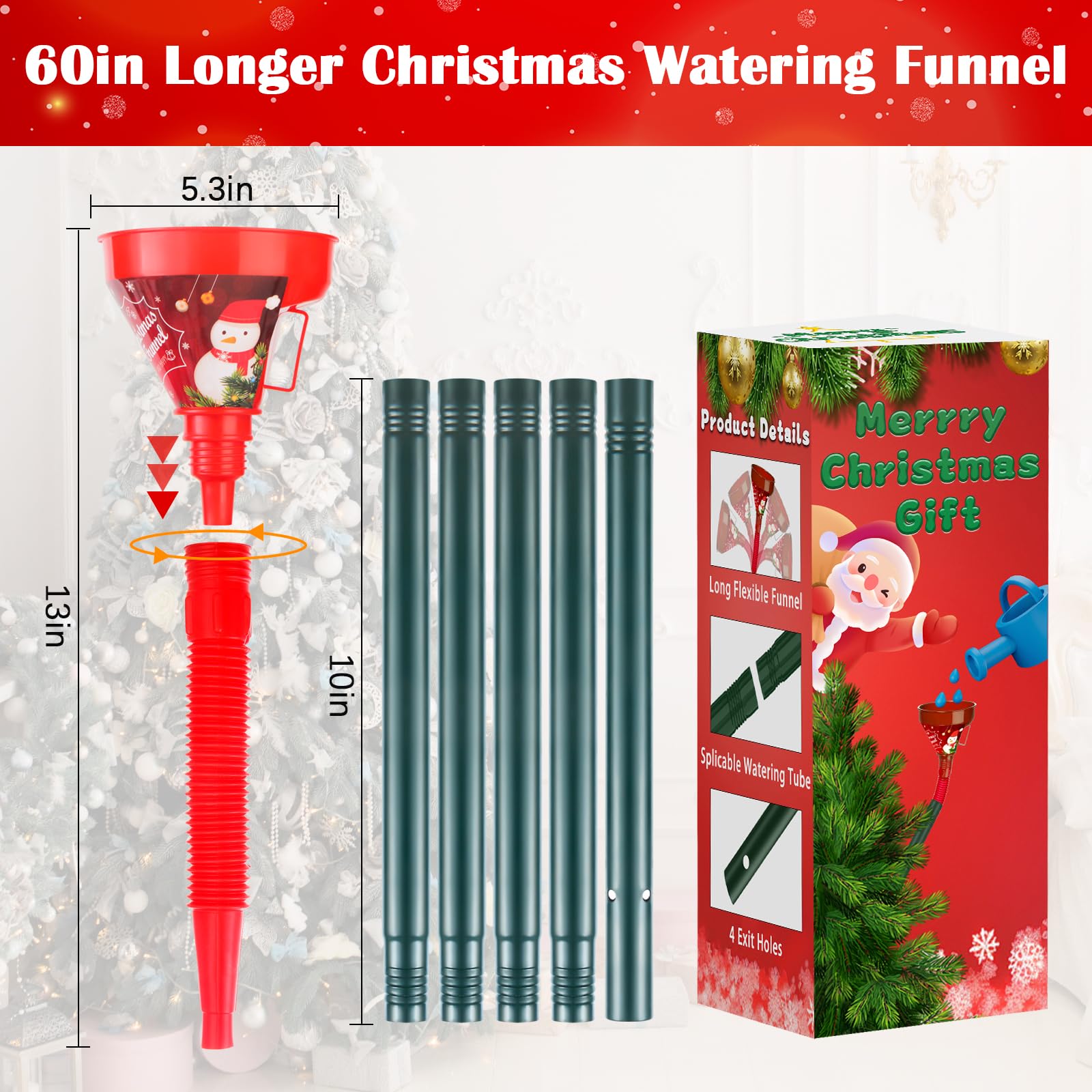 Flexible Christmas Tree Watering Funnel System - 60in Long Wide Mouth Xmas Tree Waterer Device for Large Real Trees | Easy Holiday Decoration & Maintenance