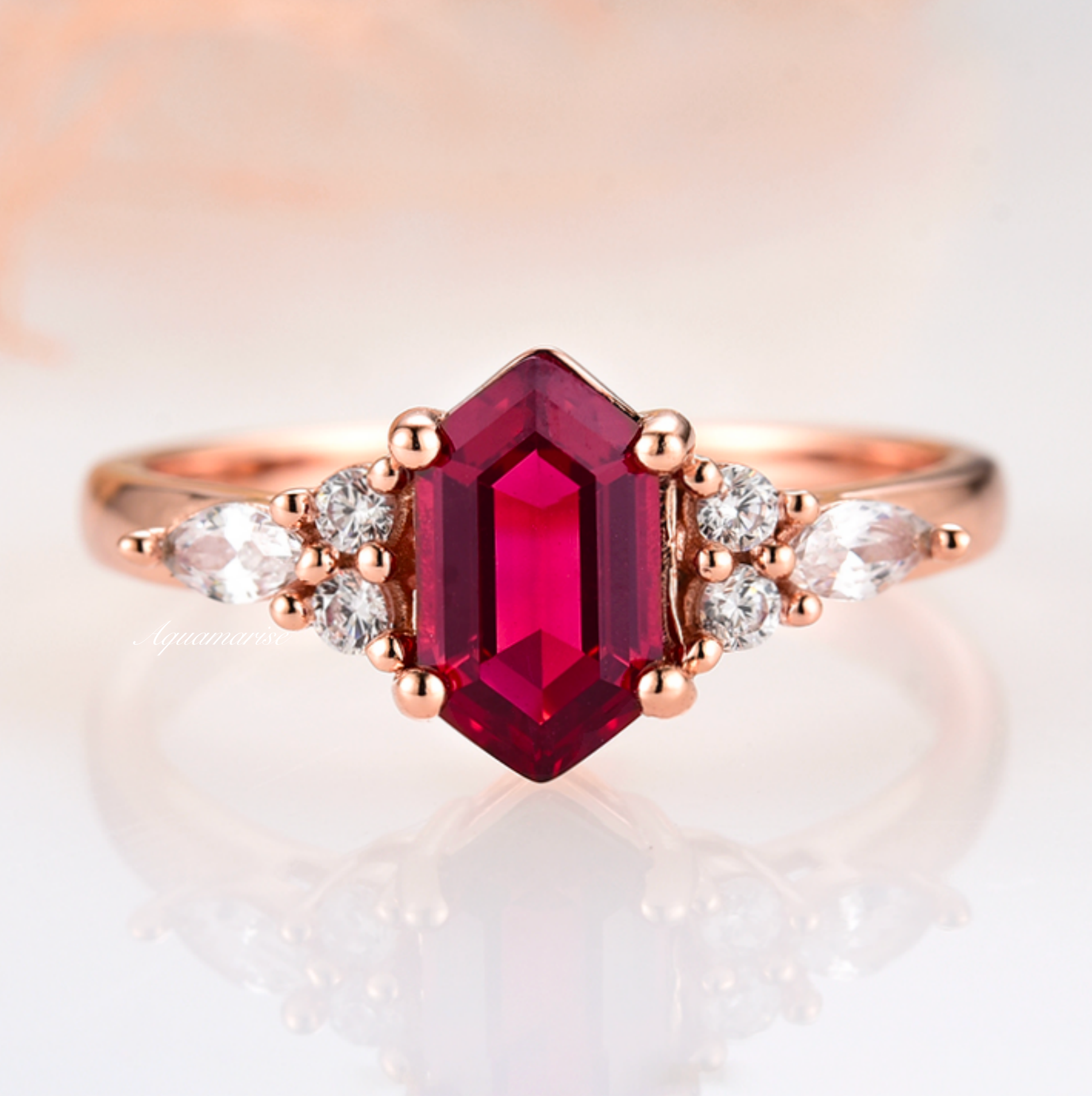 14K Rose Gold Vermeil Sonnet Hexagon Ruby Ring - Elegant Jewelry for Women, Perfect for Weddings, Anniversaries & Special Occasions