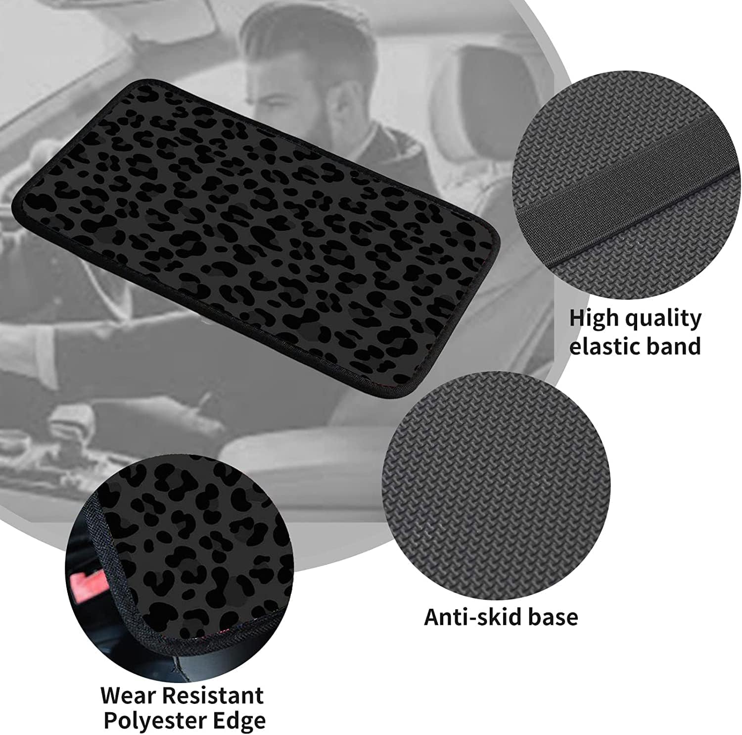 Universal Leopard Print Car Center Console Cover - Waterproof Armrest Protector for Cars, Black Green Cheetah Animal Design - Perfect for SUVs, Sedans & Trucks + Includes 2 Free Car Coasters (Great for Road Trips & Daily Commutes)