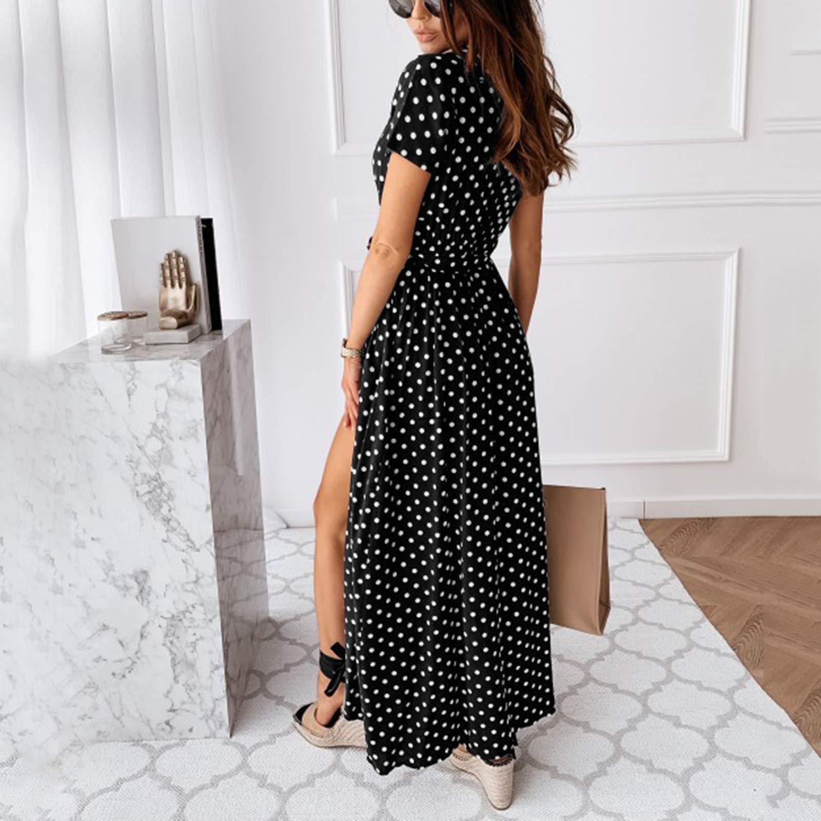 Women's Polka Dot Print V-Neck Short Sleeve Midi Sundress with Side Slit - Perfect for Summer Outings, Beach Vacations, and Casual Date Nights