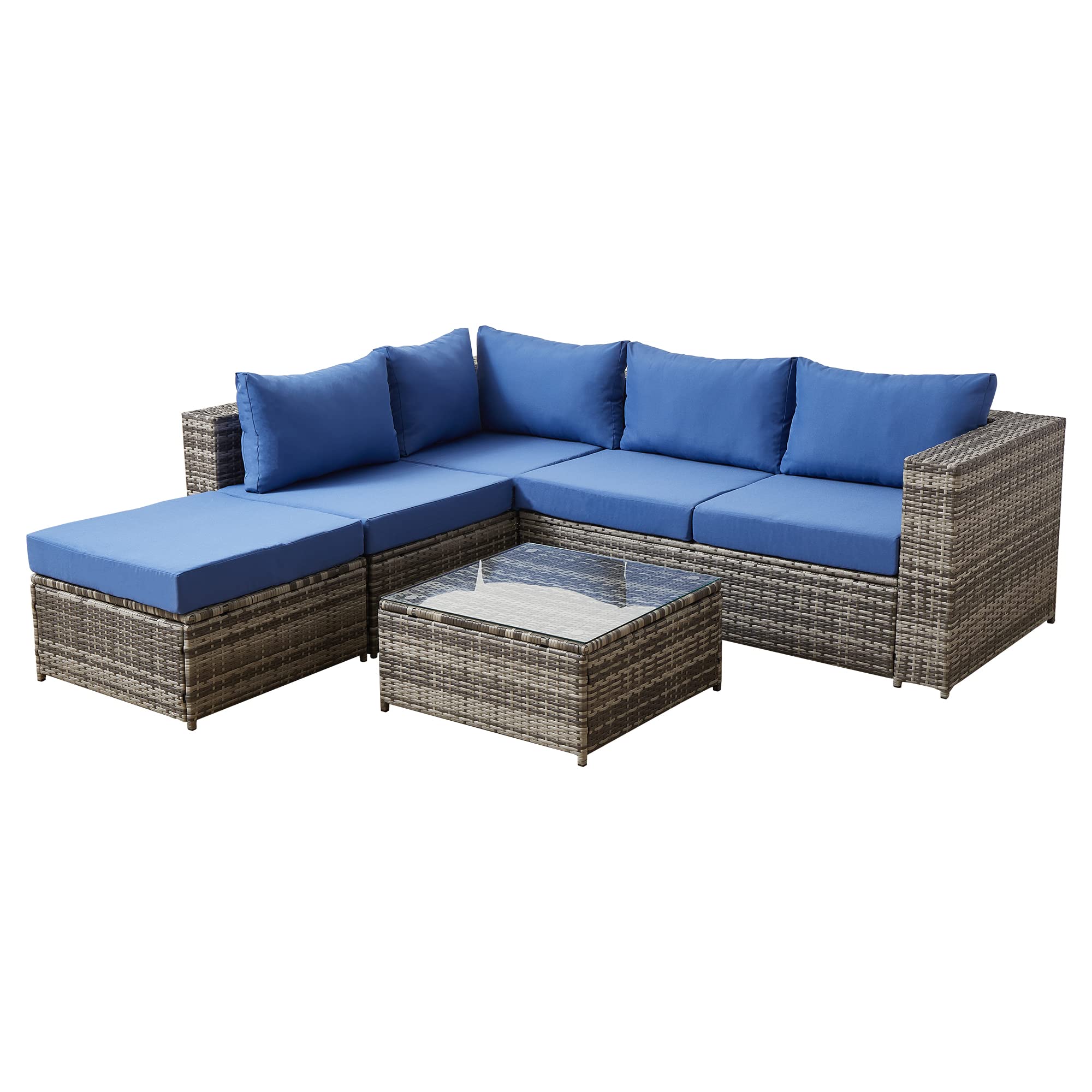 All-Weather Outdoor Sectional Sofa Set - PE Rattan Patio Furniture with Cushions & Coffee Table (Blue) - Perfect for Backyard, Poolside & Garden Relaxation