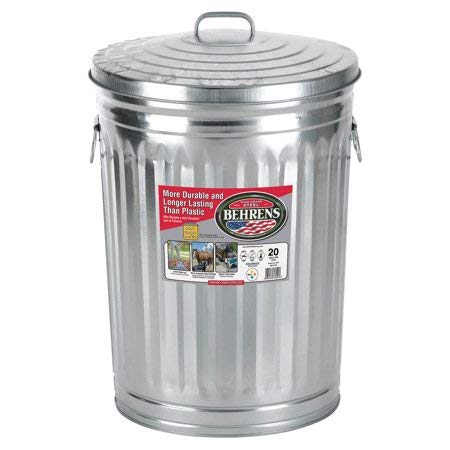 Behrens 20 Gallon Silver Galvanized Steel Trash Can with Lid - Heavy Duty High Grade Steel 1211 for Kitchen, Office, Outdoor & Commercial Use
