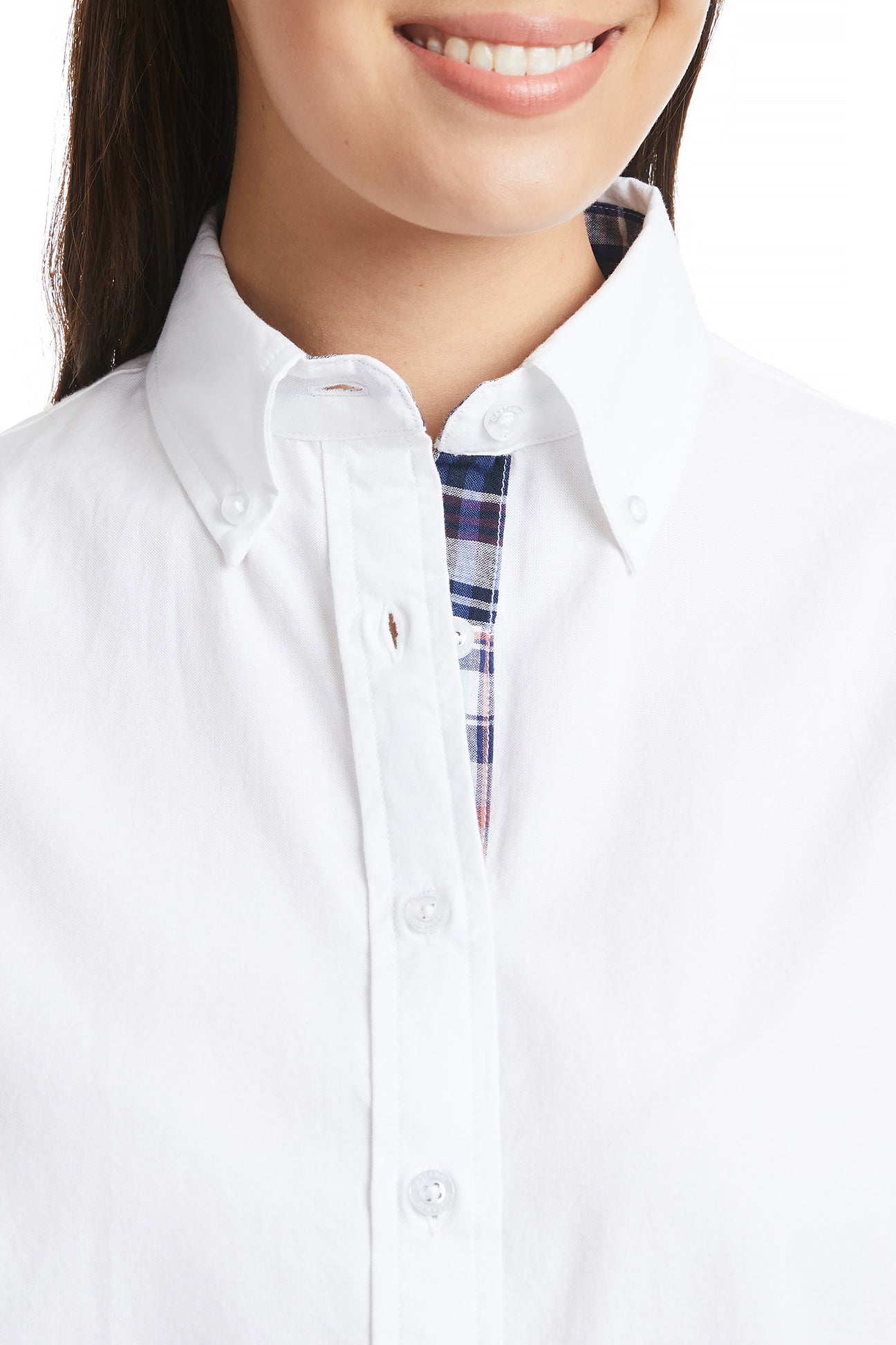 Women's White Oxford Button Down Long Sleeve Shirt with Seapoint Patch & Madras Trim - Perfect for Office, Casual Wear & Spring Fashion