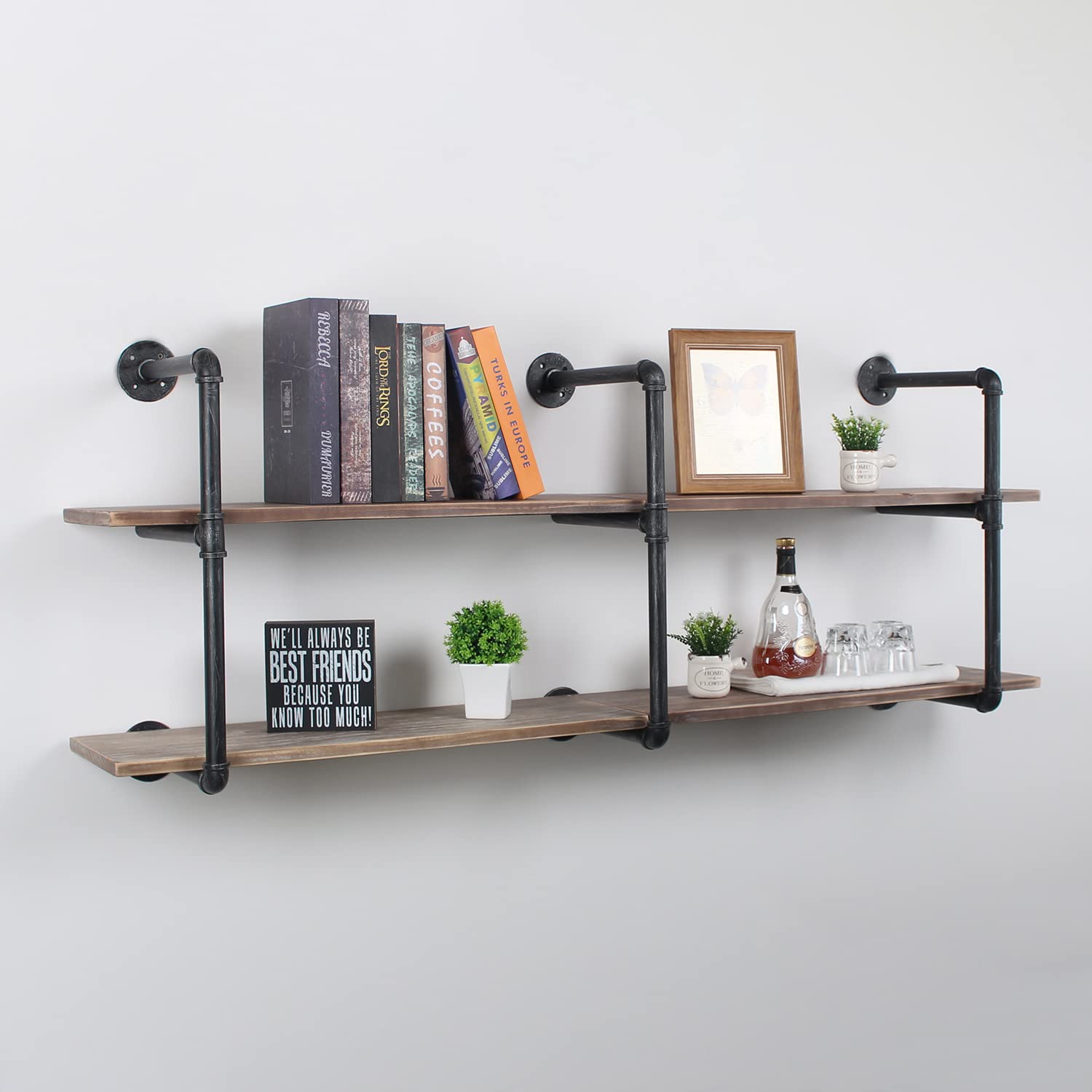 Industrial Pipe Shelving Wall Mounted - 63 Inch Rustic Metal Floating Shelves with Real Wood, Steampunk Style Bookshelf for Farmhouse & Kitchen Decor (2-Tier) - Perfect for Living Room, Bar, Office & Home Storage
