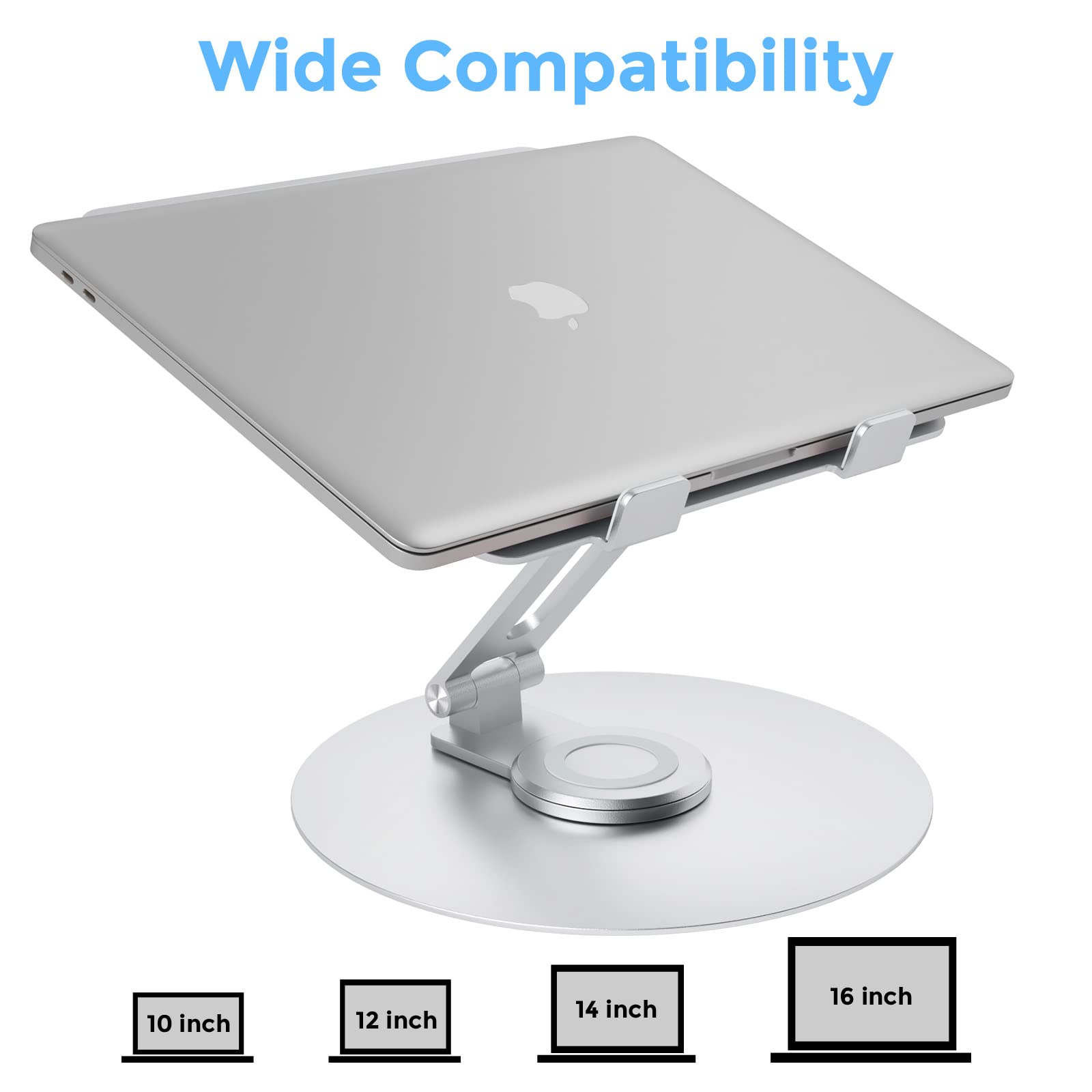 Swivel Laptop Stand for Desk - Adjustable Height Aluminum Computer Stand with 360° Rotating Base, Foldable Ergonomic Riser, Portable Laptop Holder for MacBook & All 10-17'' Laptops, Chrome - Perfect for Home Office, Gaming & Workstations
