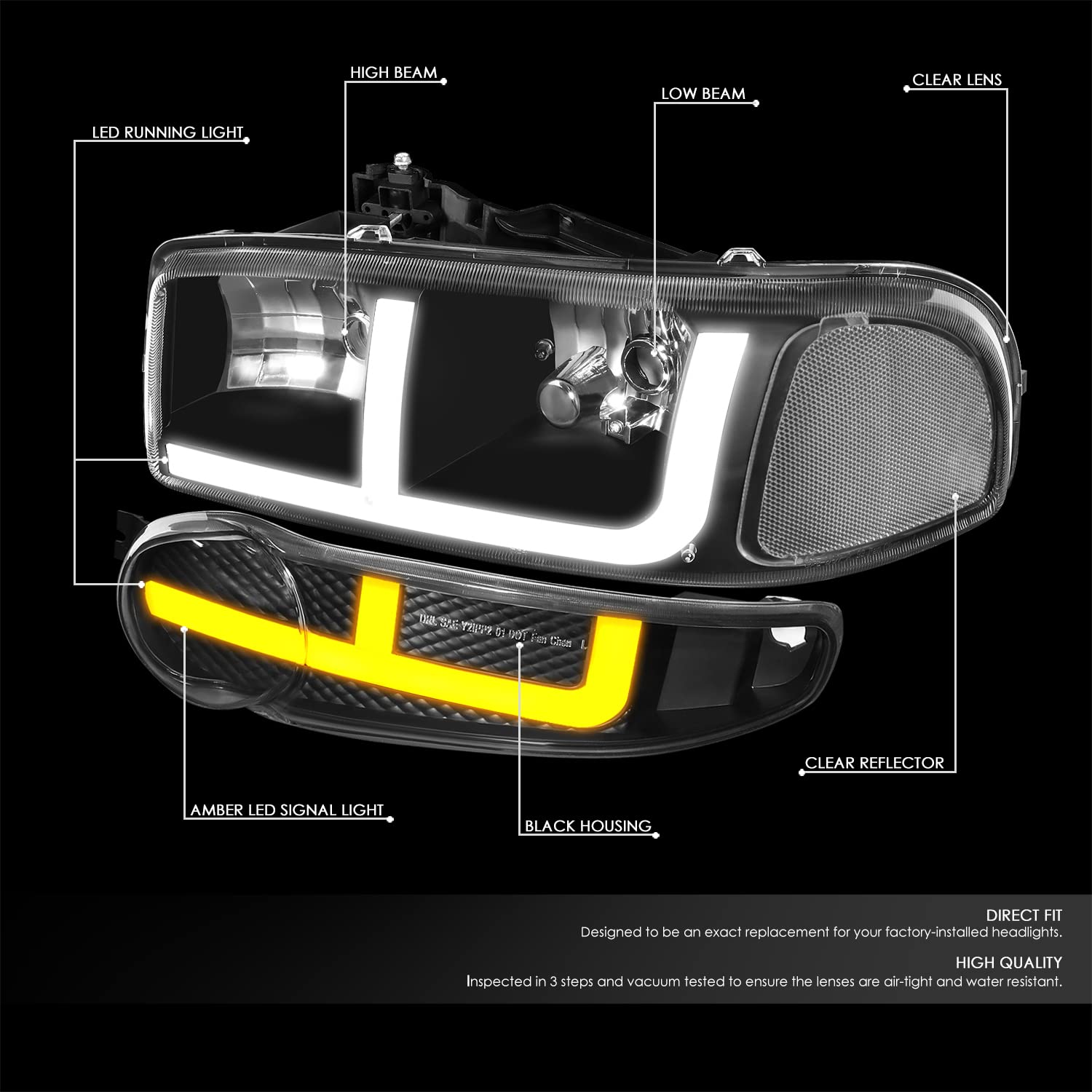 DNA MOTORING HL-LB4-DAN99-BK-CL1 Black Clear Headlights for 02-06 GMC Sierra 1500 Denali - Upgrade Your Ride