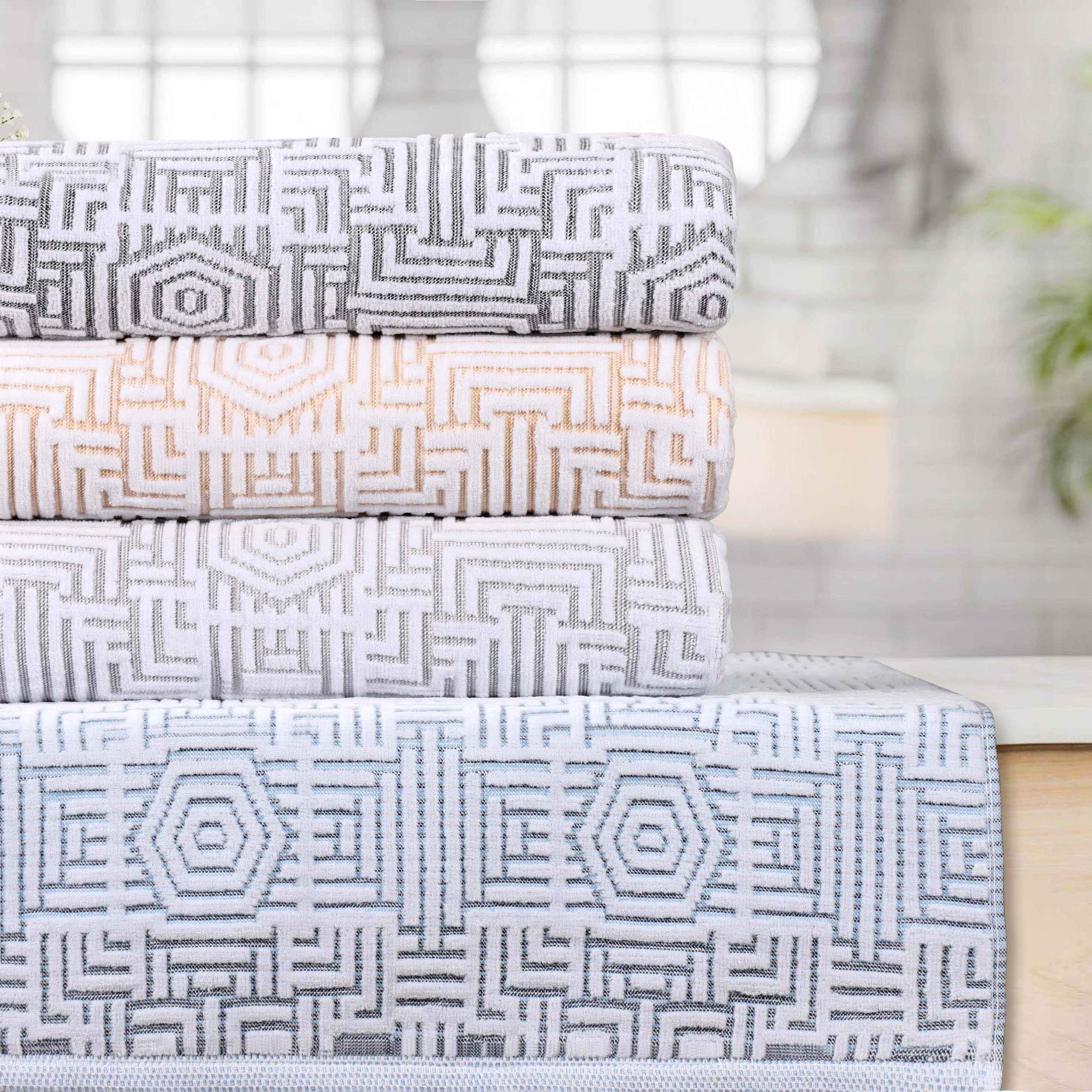 Premium Cotton Modern Geometric Jacquard Plush Bath Towel Set of 3 - Ultra Absorbent & Quick Dry - Luxury Spa, Bathroom & Beach Towels for Home & Travel