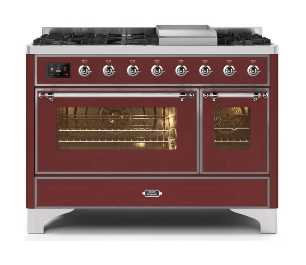 ILVE 48 Inch Majestic II Series Freestanding Dual Fuel Double Oven Range with 8 Sealed Burners, Triple Glass Cool Door & Convection Oven - Professional Gas Range for Home Kitchen, Restaurant & Catering (UM12FDNS)