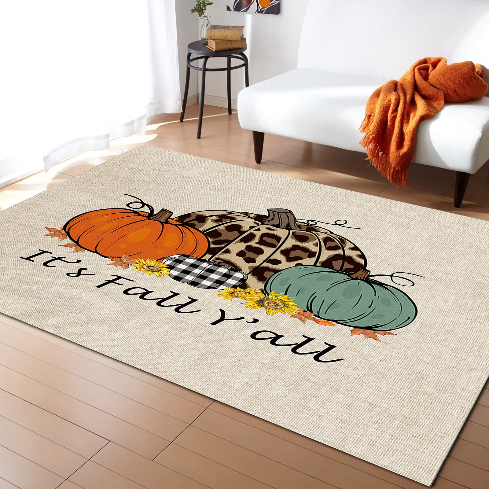 LEOSUCRE 5' x 8' Thanksgiving Pumpkin Maple Leaves Area Rug - Soft Fall Decor Throw Carpet for Nursery, Living Room & Bedroom | Non-Slip Kitchen Mat & Floor Covering for Cozy Autumn Vibes