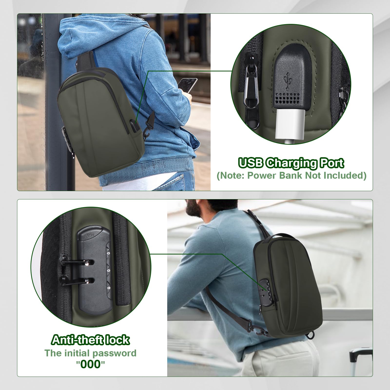 Geestock Anti-Theft Crossbody Sling Bag for Men - Waterproof Chest Shoulder Bag with USB Charging Port & Password Lock - PU Leather Casual Backpack (Green) - Perfect for Travel, Gym, Hiking & Everyday Use