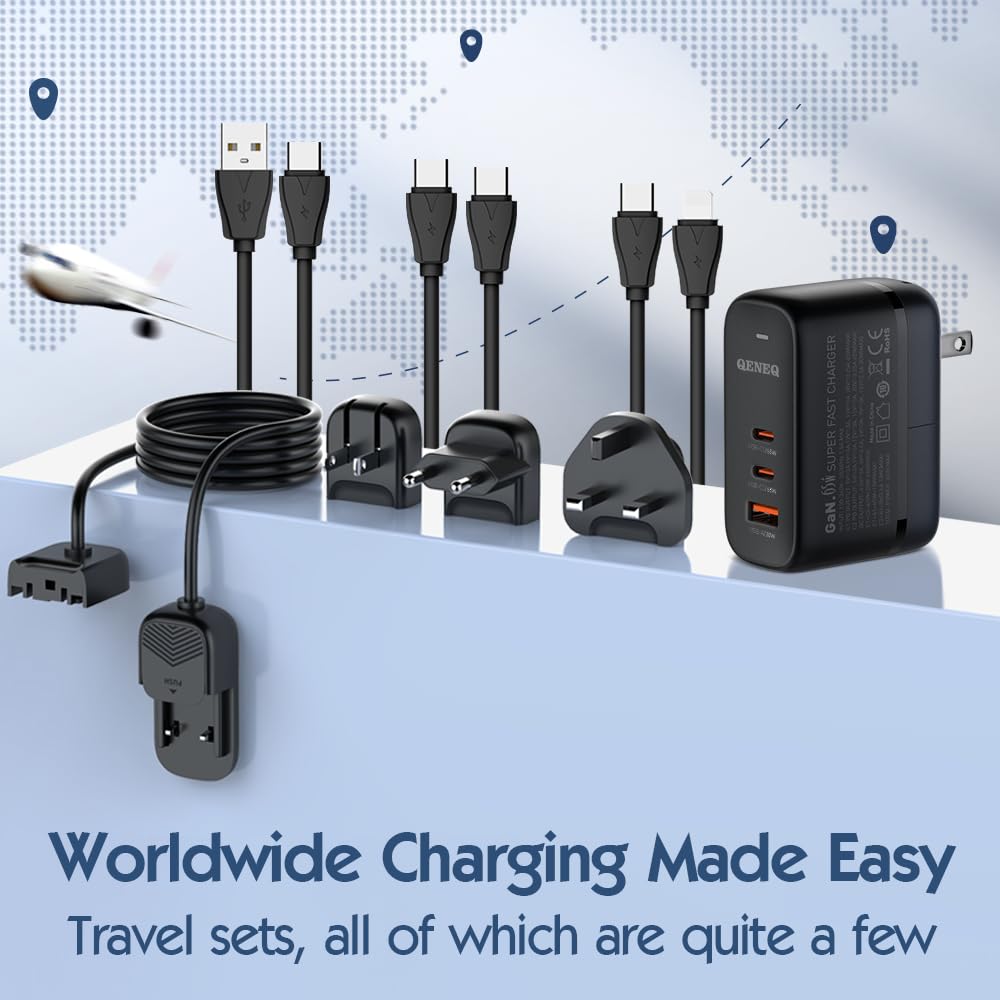 QENEQ GaN 65W USB C Fast Charger with 3 Ports, Foldable Wall Charger & Universal Travel Adapter (EU/UK Plug) - Compatible with MacBook, iPad Pro/Air, iPhone 15/16, Samsung S24, Laptop, Steam Deck - Perfect for Travel, Office & Home Use