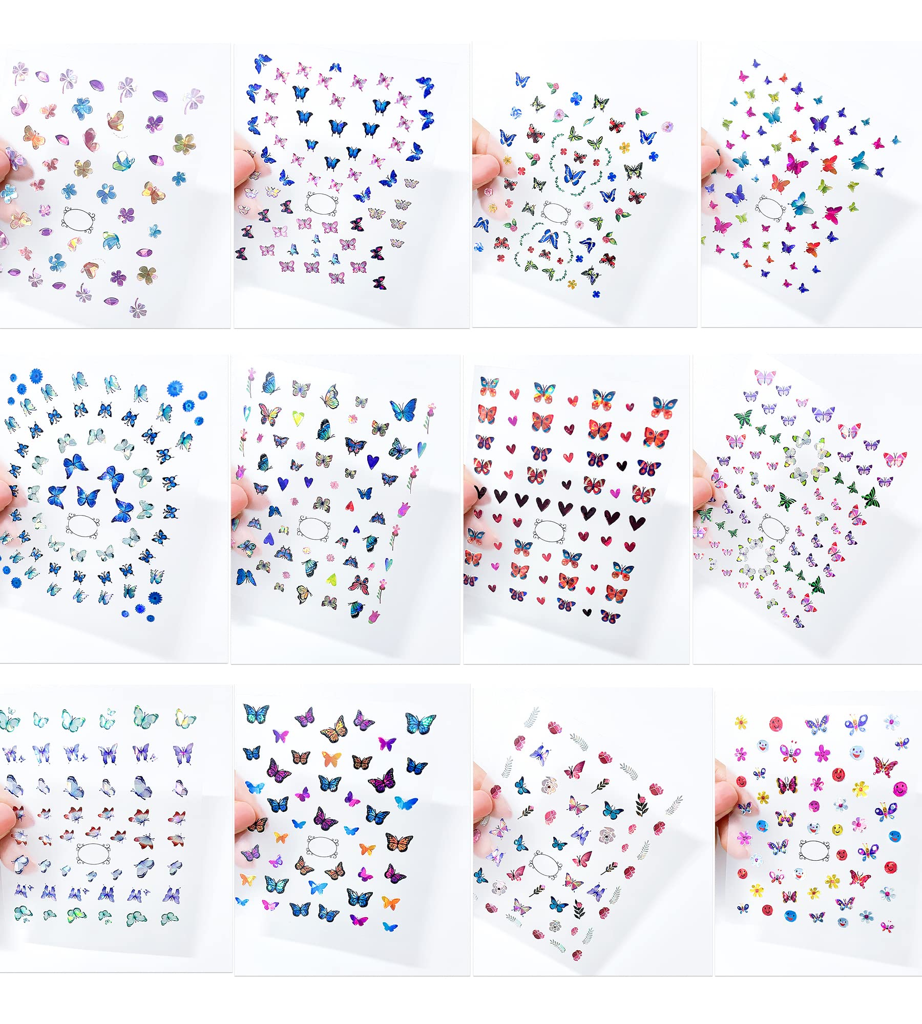 Self-Adhesive Laser Butterfly Nail Stickers - 12 Sheets of Nail Art Decals with Butterfly, Heart, Flower & Leaf Designs for Acrylic & Natural Nails | Perfect for Women & Girls DIY Nail Decorations at Home, Parties & Special Occasions
