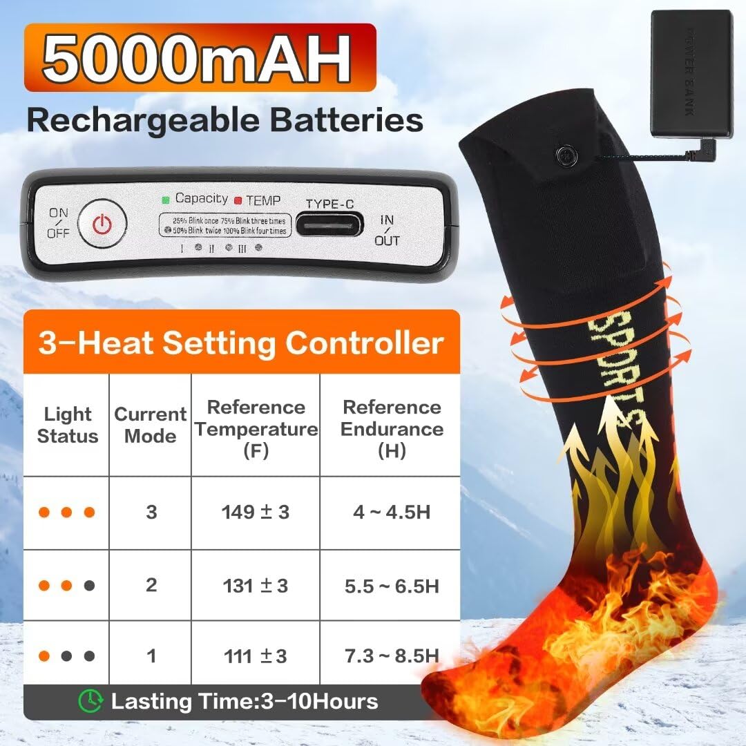 Rechargeable 5000mAh Electric Heated Socks for Men & Women with APP Control - Washable Foot Warmers for Hiking, Riding, Camping, Skiing & Outdoor Winter Activities