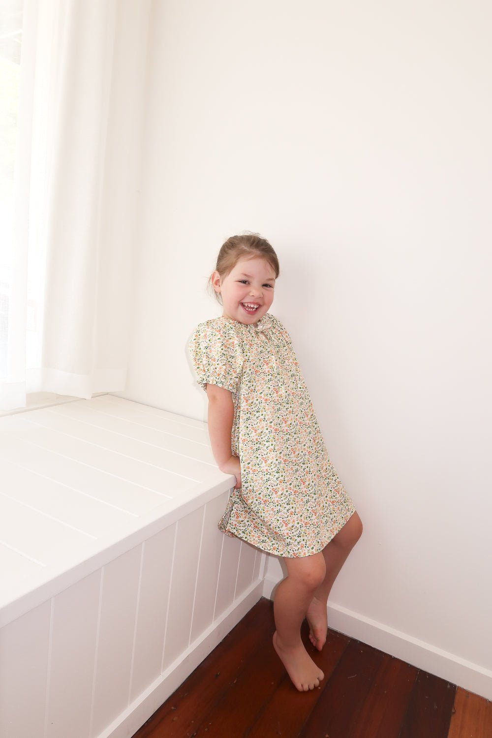 Girls Molly Lounge Dress - Soft Cotton Floral Green Dress for Kids - Perfect for Playdates, Home Relaxing & Family Gatherings