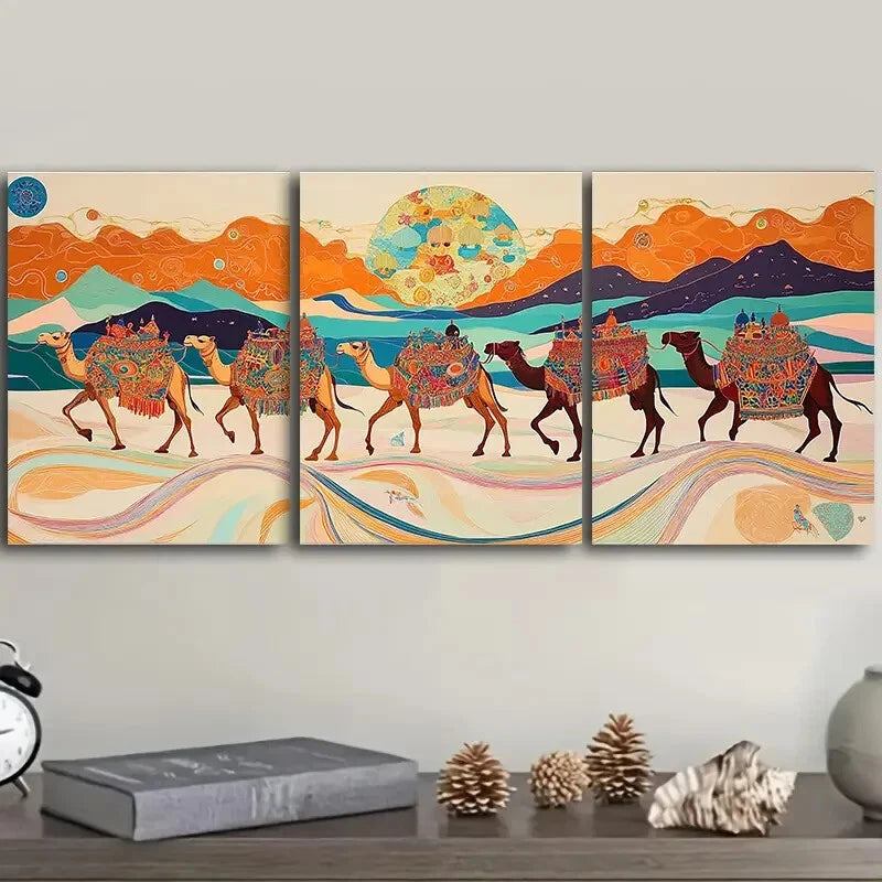 3-Piece Caravan of Camels Wall Art Set - Framed Canvas Paintings 40x60cm - High Quality Australian-Made Prints - Ready to Hang Desert Theme Decor for Living Room, Bedroom & Office