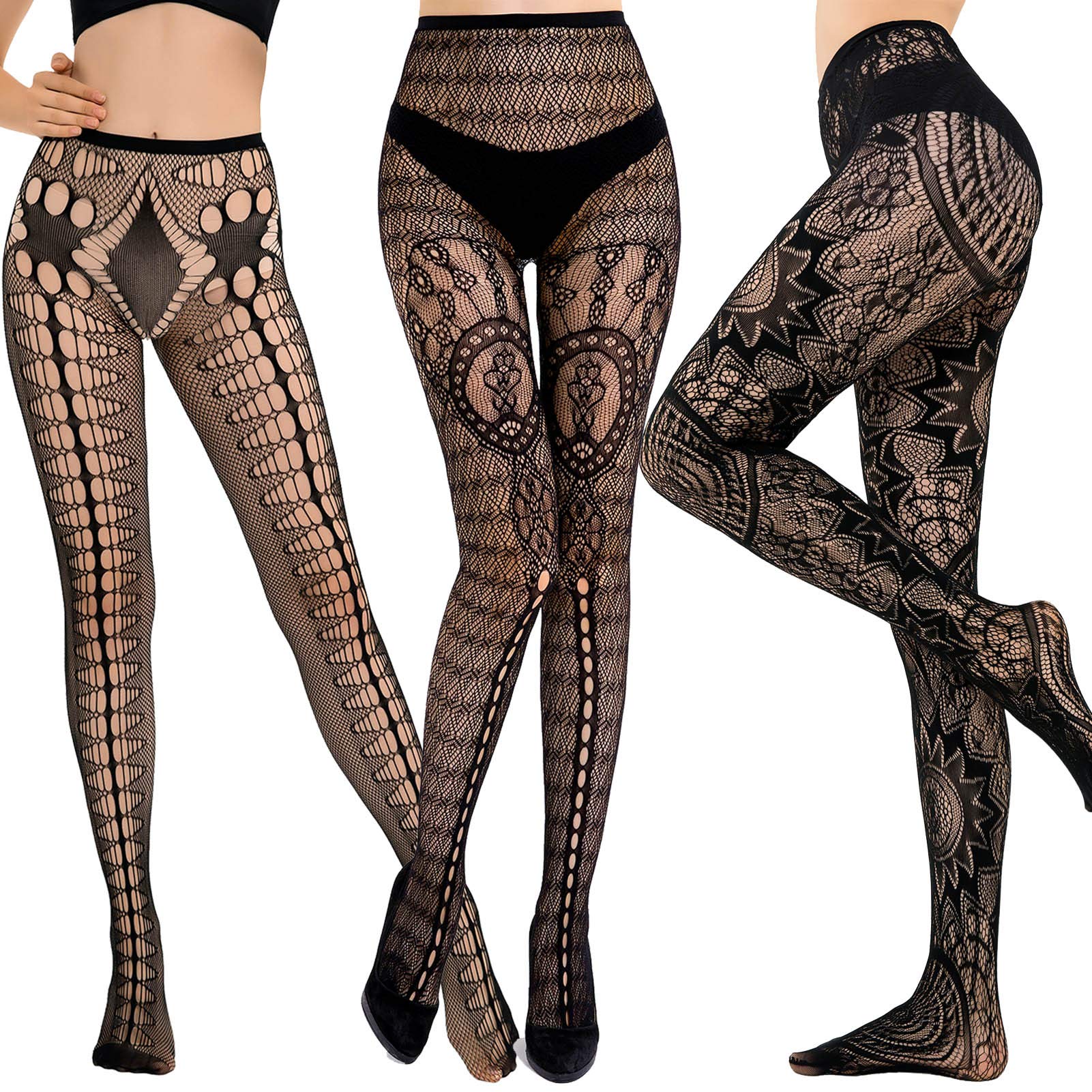 HONENNA Women's Black Patterned Fishnet Tights - 1 to 6 Pairs | Stylish Pantyhose & Stockings for Party, Halloween, Cosplay & Night Out Outfits