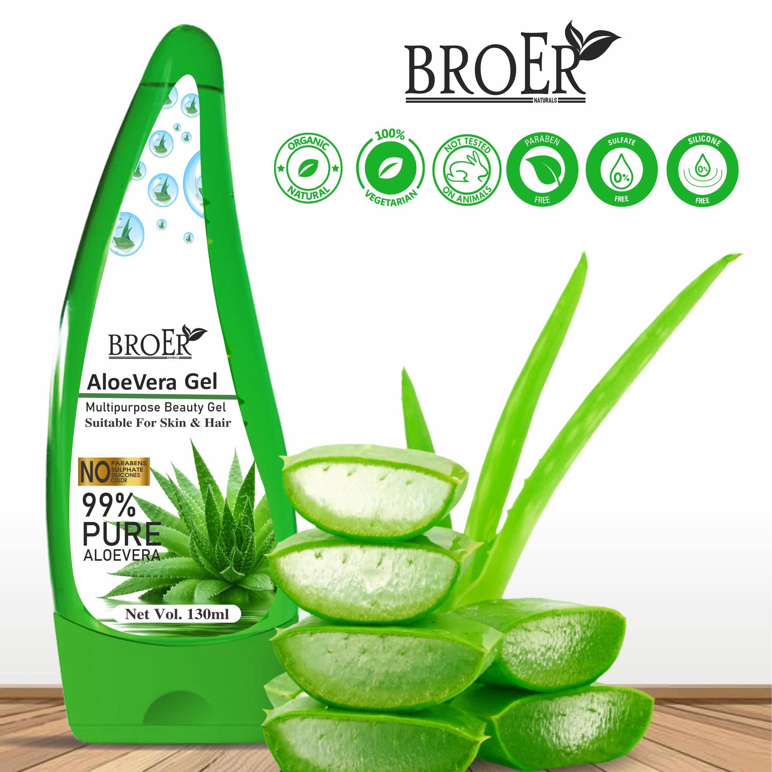 BROER Non-Toxic Aloe Vera Gel for Acne & Scars Treatment - Hydrating Skin Care for Glowing & Radiant Face - 130ml - Perfect for Daily Moisturizing, Sunburn Relief & After-Shave Soothing