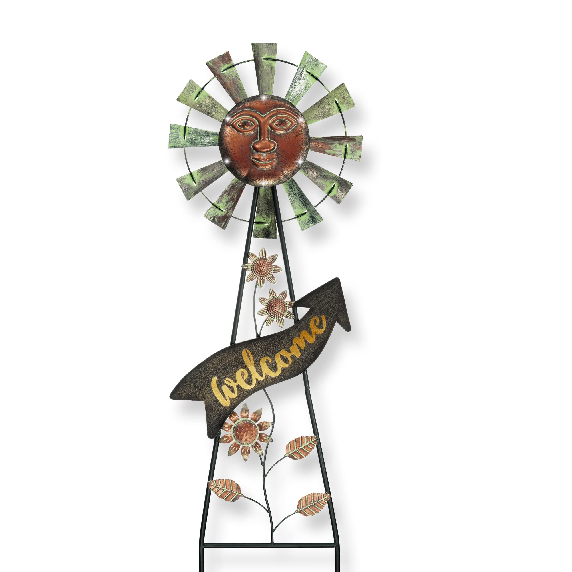 Solar-Powered Garden Decor - 26'' Bronze Metal Sun Face Wind Spinner with Outdoor Lights | Weather-Resistant Yard Art Stake for Lawn, Patio & Backyard | Unique Mother's Day Gift for Home & Garden Decoration