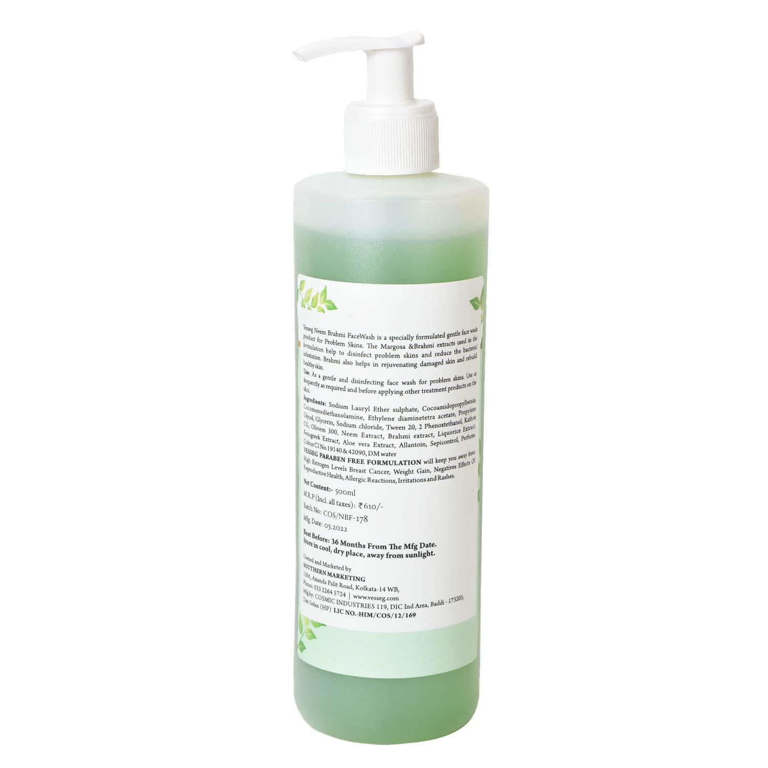 VESSEG Neem Brambhi Face Wash - Natural Disinfecting Facial Cleanser with Aloe Vera, Allantoin & Neem Extract (500ml) | Gentle Acne Treatment for Oily & Sensitive Skin | Daily Skincare Routine & Post-Workout Cleansing