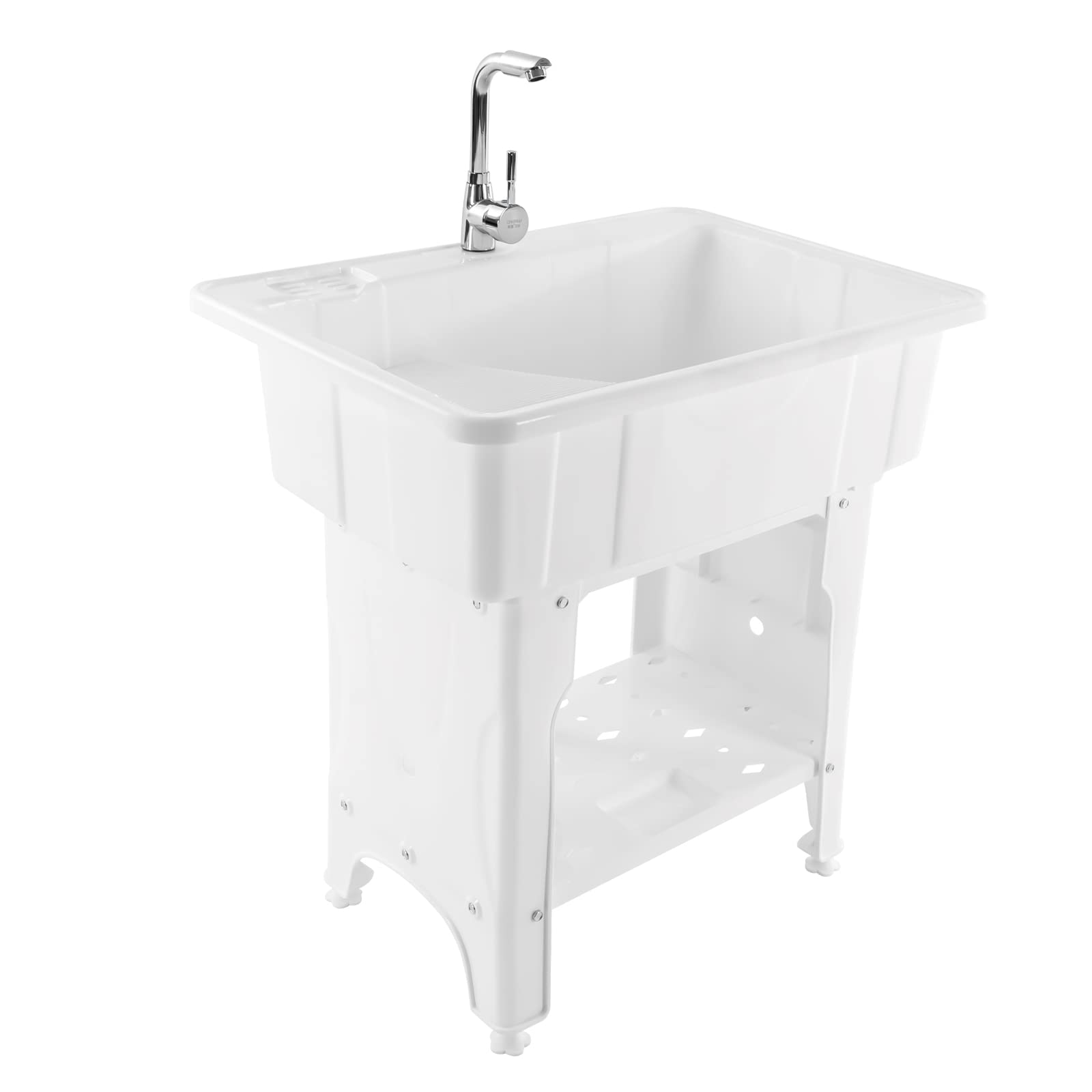 **Freestanding Plastic Laundry Sink with Faucet & Storage Shelf – Durable Utility Tub for Laundry Room, Garage, Basement & Outdoor Use – White (Indoor/Outdoor Wash Tub for Cleaning, Gardening & DIY Projects)**
