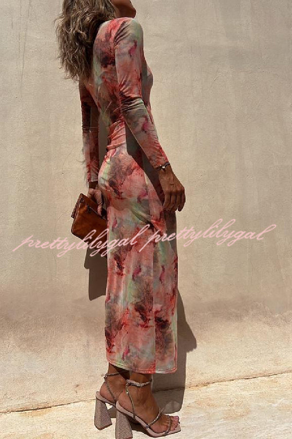 Charm Lady Tie Dye Print Long Sleeve Ruched Stretch Midi Dress with Mesh Overlay - Women's Boho Chic Party Dress for Date Night & Summer Vacation