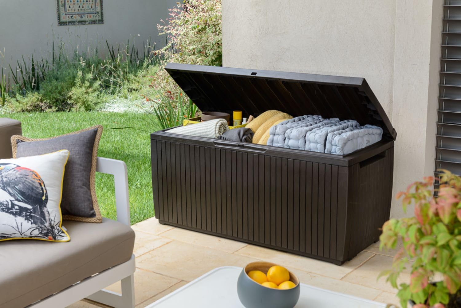 Keter Springwood 80 Gallon Resin Outdoor Storage Box - Weatherproof Deck Box for Patio Furniture Cushions, Garden Tools & Pool Accessories with Easy-Grip Handles, Brown - Perfect for Backyard, Deck & Poolside Organization