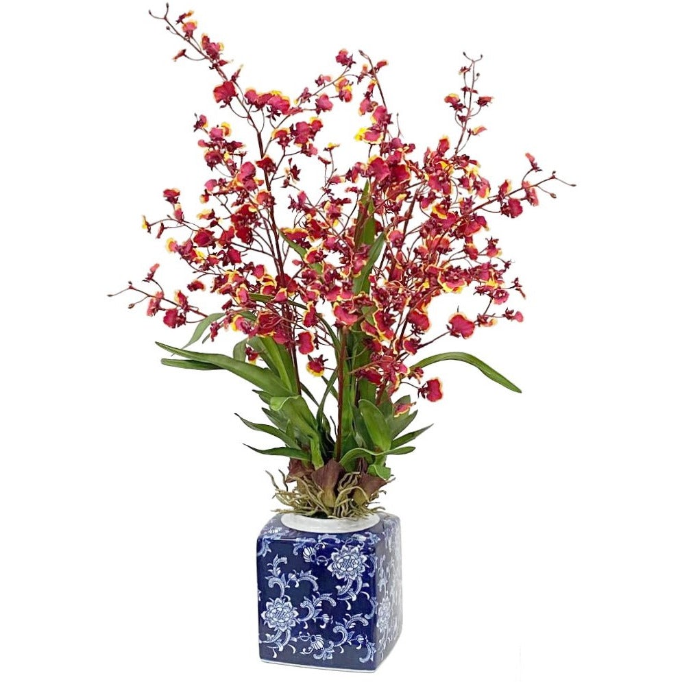 Blue & White Ceramic Jar with Oncidium Orchid - Perfect for Home Decor, Office Desk & Gift Giving