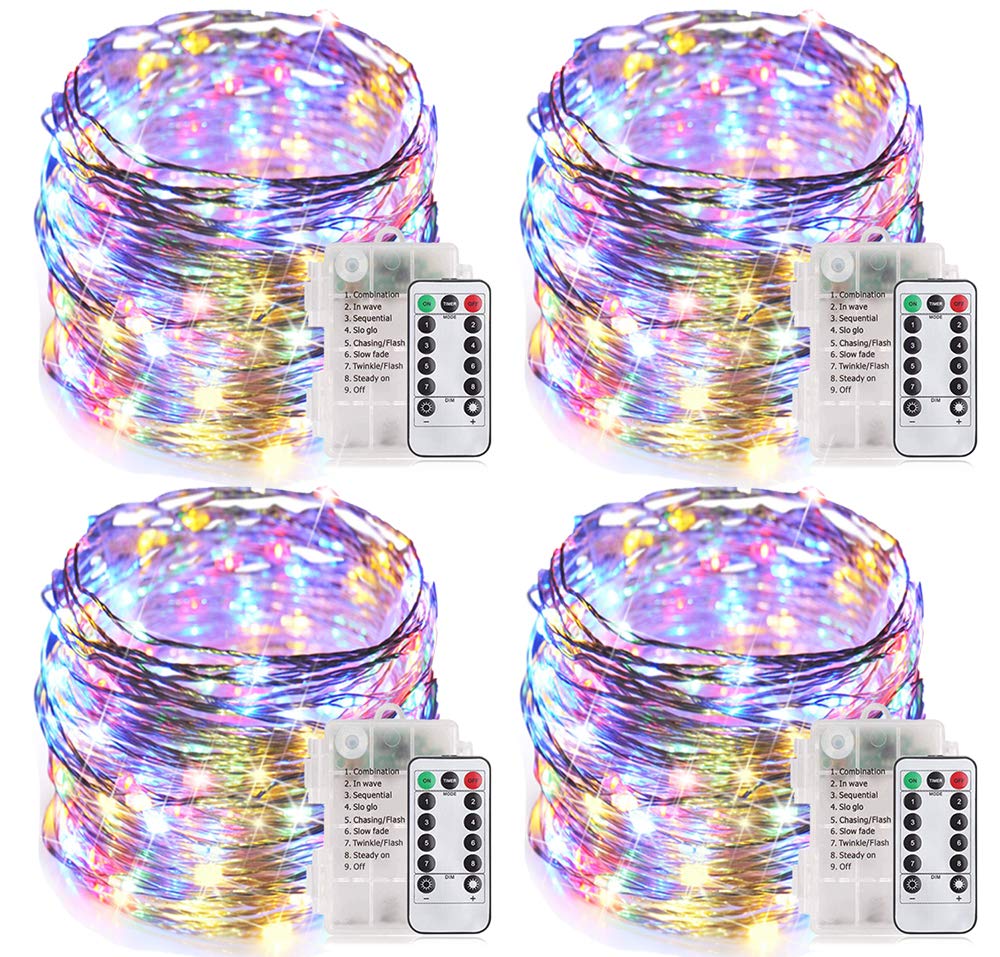 MUMUXI 4 Pack 33ft Remote Control Battery Operated Fairy String Lights with Timer - 100 LED Twinkle Lights, Color Changing Waterproof Outdoor Firefly Lights (Multicolor) for Garden, Patio, Wedding, Party & Home Decor