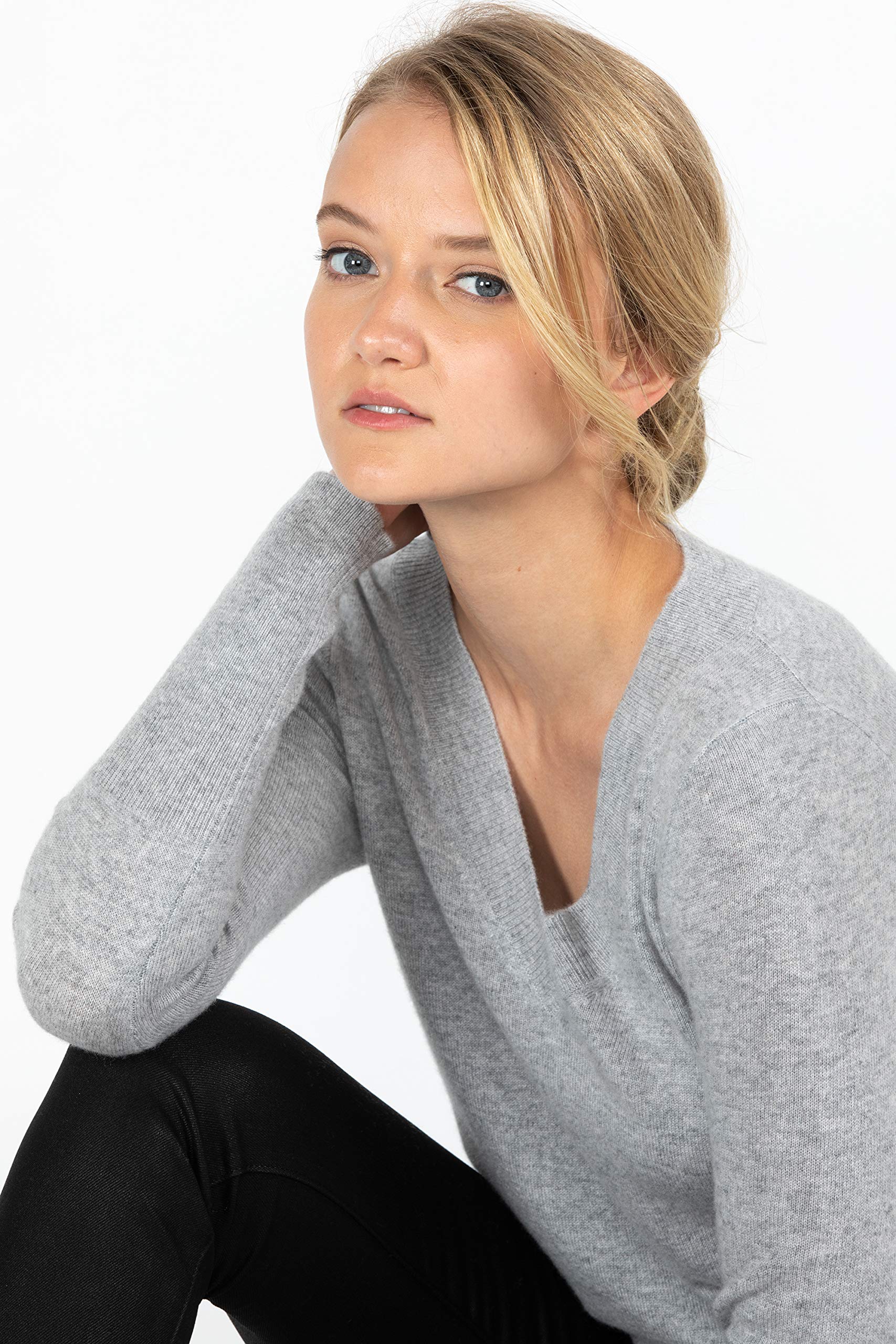 JENNIE LIU Women's 100% Pure Cashmere Long Sleeve V-Neck Sweater - Soft & Warm Pullover for Fall, Winter & Office Wear