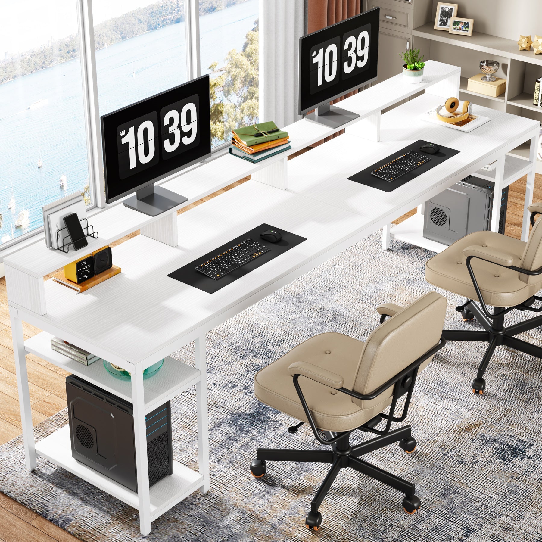 Two Person Desk - 78.7 Inch Large Computer Desk with Monitor Stand & 4 Open Shelves for Home Office, Gaming Setup, and Workspace Organization