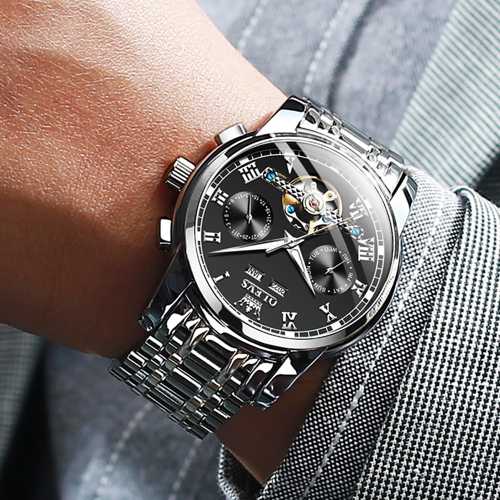 OLEVS Automatic Self-Winding Mechanical Watch for Men - Luxury Stainless Steel Business Chronograph with Multi-Calendar, Waterproof & Luminous Dial - Perfect for Office, Formal Events & Everyday Wear