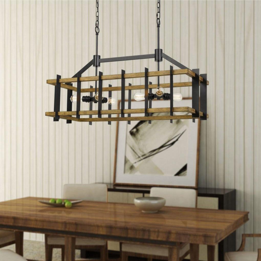 Bruck 60W X 6 Metal and Pine Wood Island Chandelier by Cal Lighting - Modern Farmhouse Kitchen Pendant Light for Dining Room, Kitchen Island & Breakfast Nook