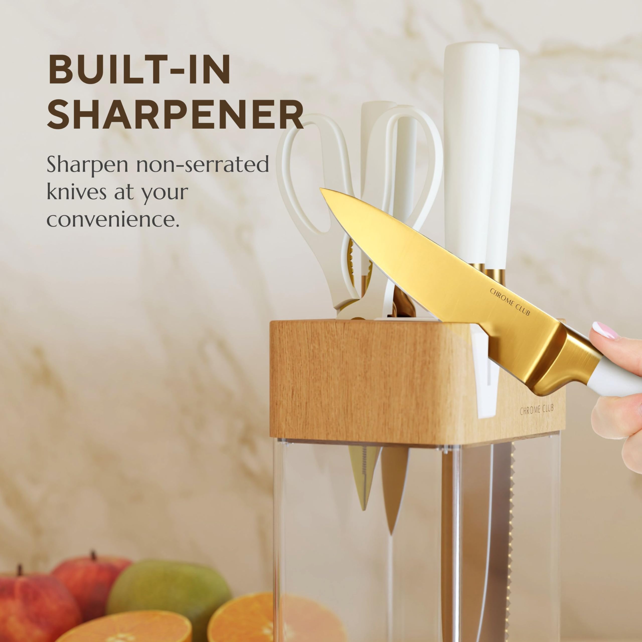 White and Gold 7-Piece Kitchen Knife Set with Sharpener, Scissors & Wooden Block - Premium Gold-Tone Knives for Effortless Cooking, Slicing & Meal Prep