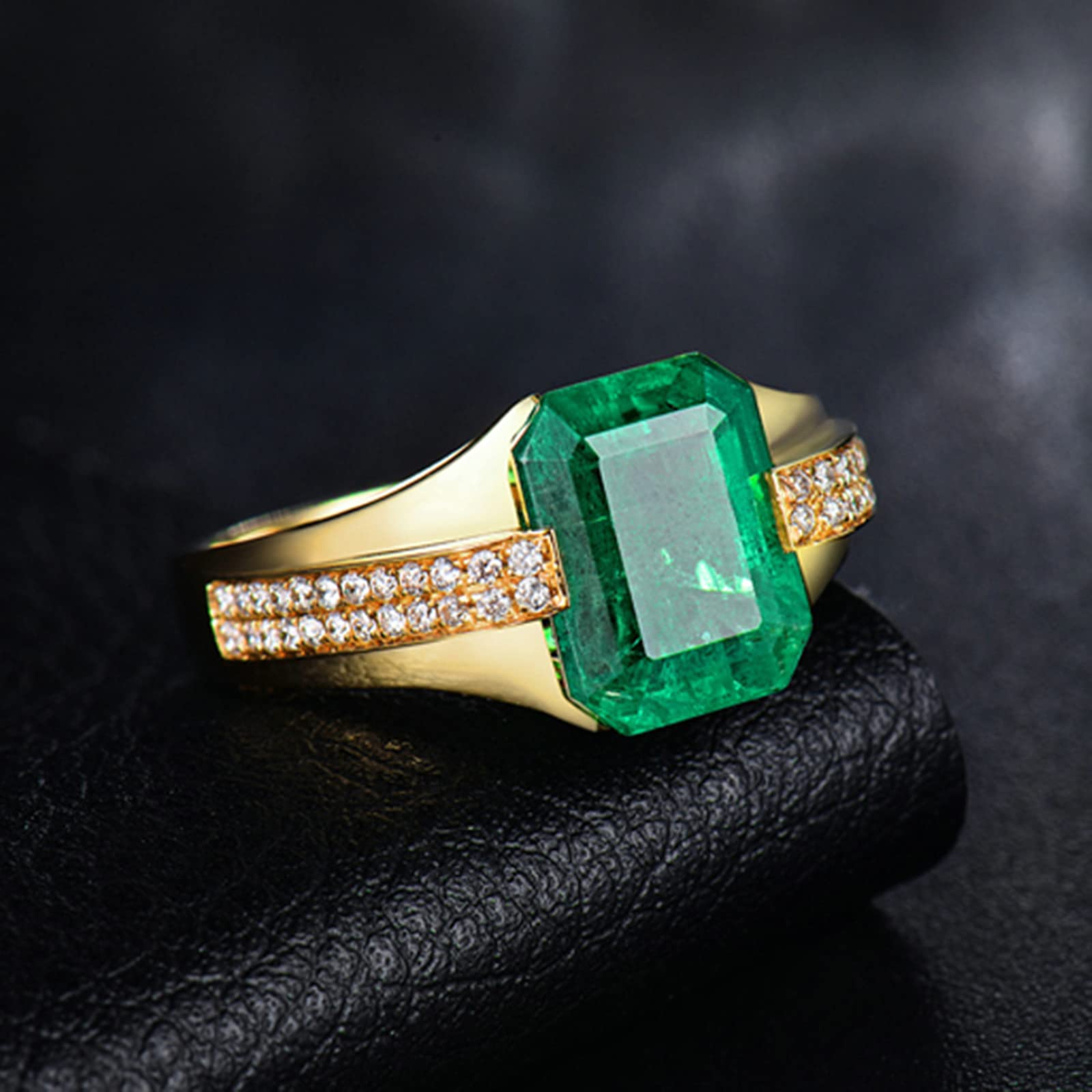 18K Yellow Gold Vintage Wedding Bands for Men with Created Emerald & Moissanite/Zirconia - Unique 925 Sterling Silver Rings - Perfect for Engagement, Anniversary & Special Occasion Gifts
