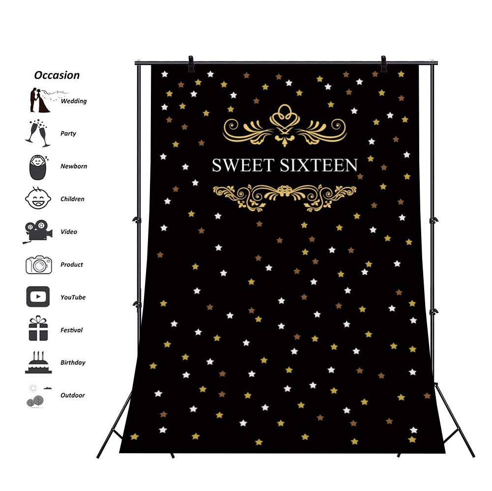 Yeele 5x7ft Sweet 16 Birthday Backdrop - Golden & White Star Photography Background for Boys & Girls - Vinyl Party Photo Booth Props - Perfect for Sweet Sixteen Celebrations, Birthday Photoshoots, and Studio Decorations