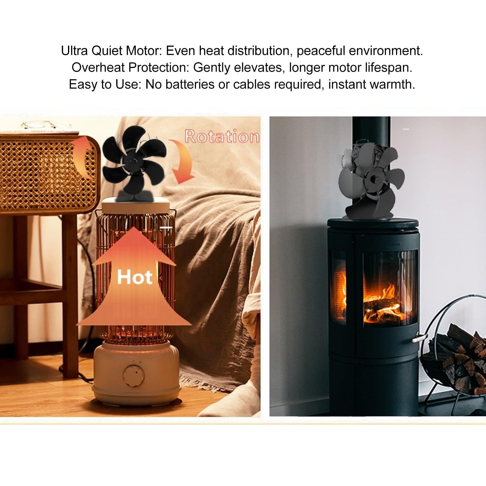 Wood Stove Fan Heat Powered - Ultra Quiet 6 Blade Non-Electric Fireplace Fan, Eco-Friendly Mini Aluminum Stove Top Thermal Fan for Wood Burning Stoves & Gas Fireplaces - Perfect for Home Heating, Cabin Warmth & Energy Efficiency