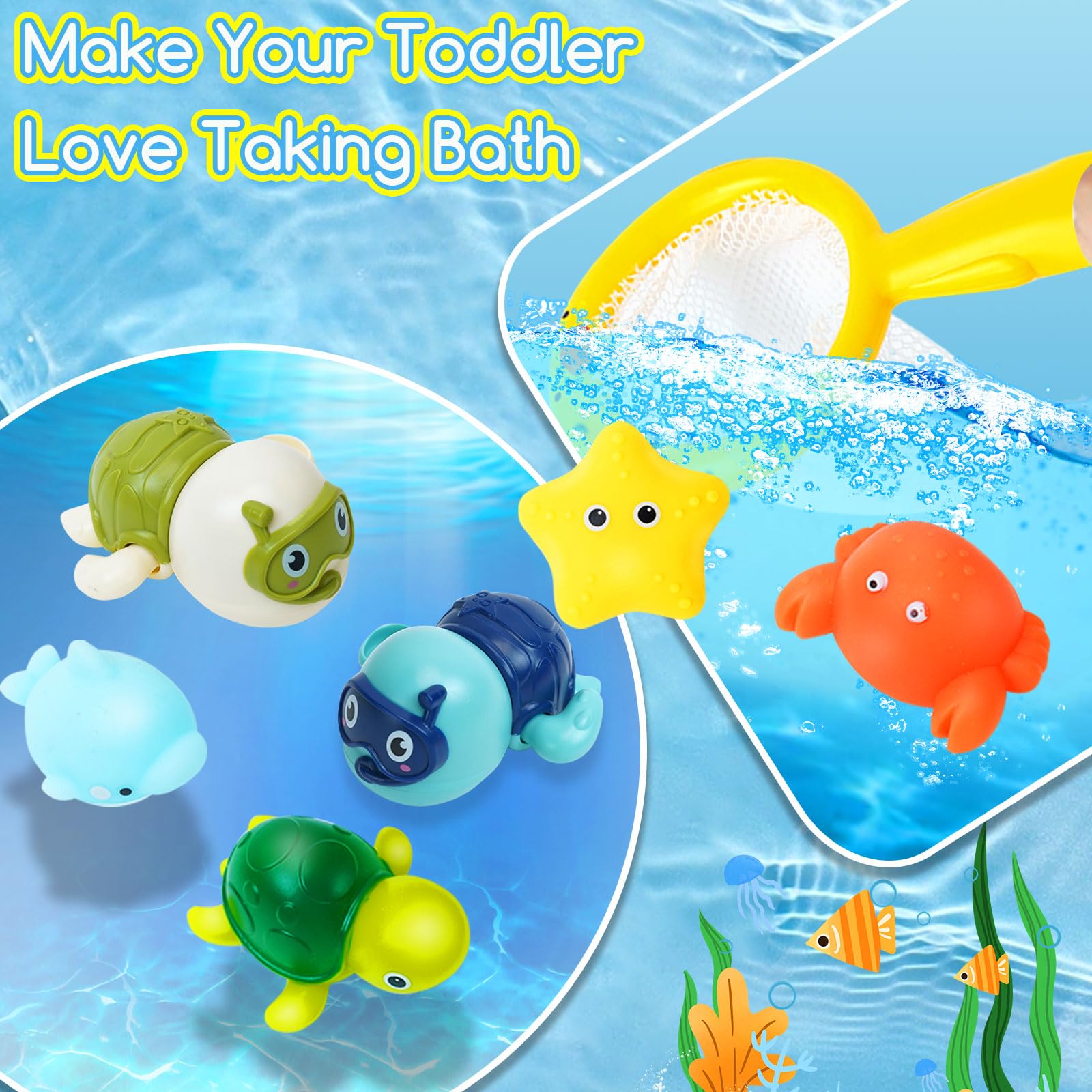 Safe Mold-Free Ocean Animal Bath Toys for Toddlers 1-3 Years - Wind Up Swimming Turtle Pool Toys with Fishing Net & Storage Bag | Fun Floating Water Play for Bathtime, Pool Parties & Early Learning