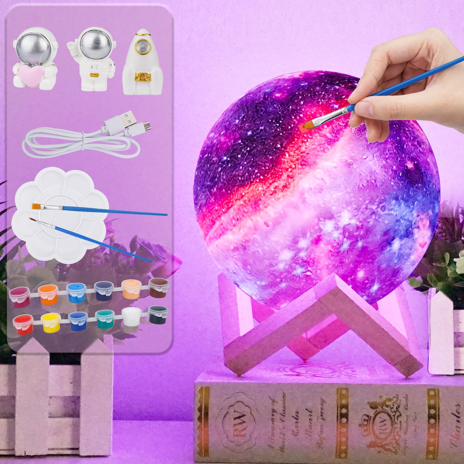 2024 DIY Moon Lamp Painting Kit - 5.9 Inch Creative Night Light with Button Battery, Arts & Crafts Gift for Kids, Teens, Boys & Girls - Perfect for Bedroom Decor, Birthday Presents & Relaxing Nighttime Ambience